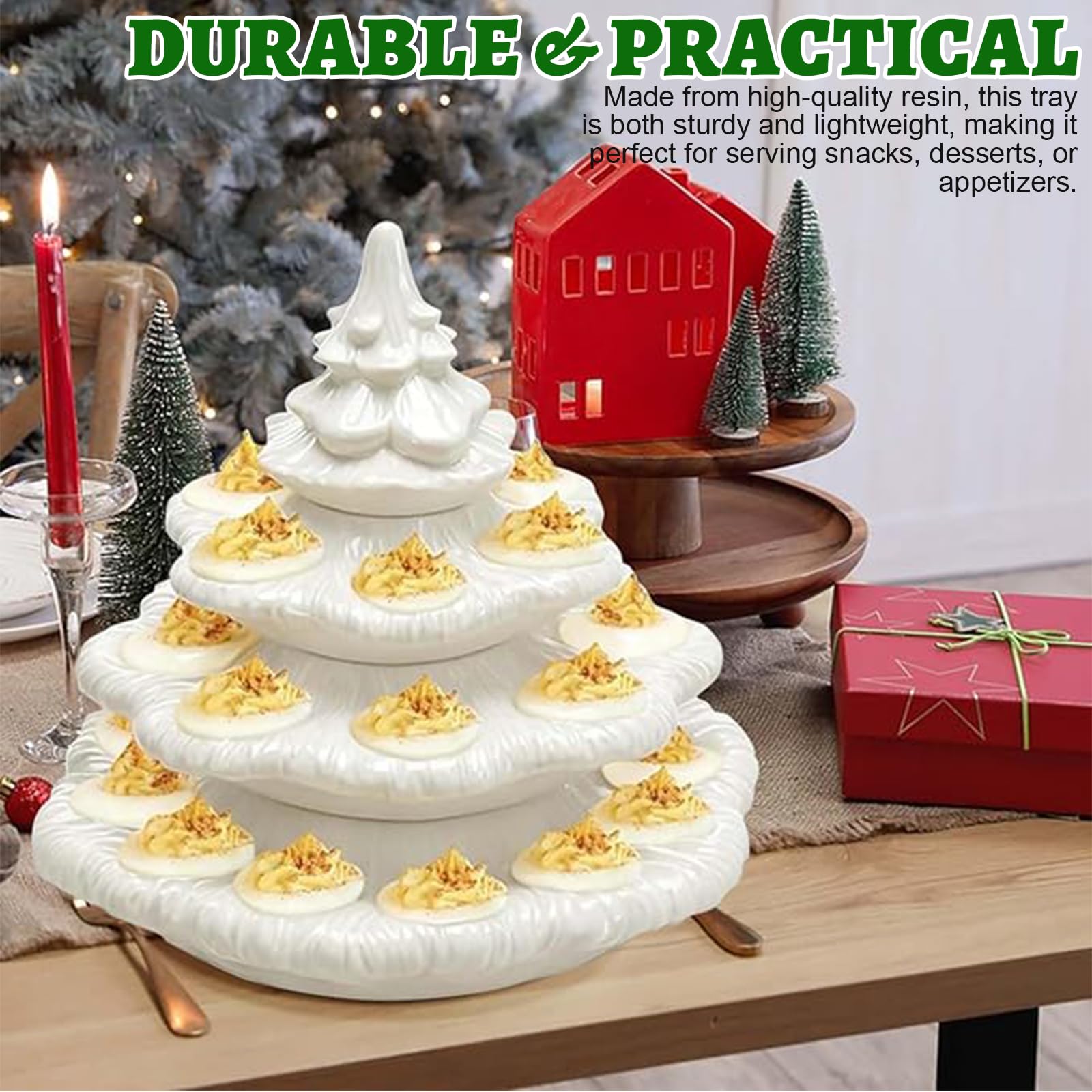 Bandeja reutilizable para huevos con tapa para árbol de Navidad, bandeja ovalada apilable para fiestas, soporte decorativo verde con forma de planta para reuniones festivas
