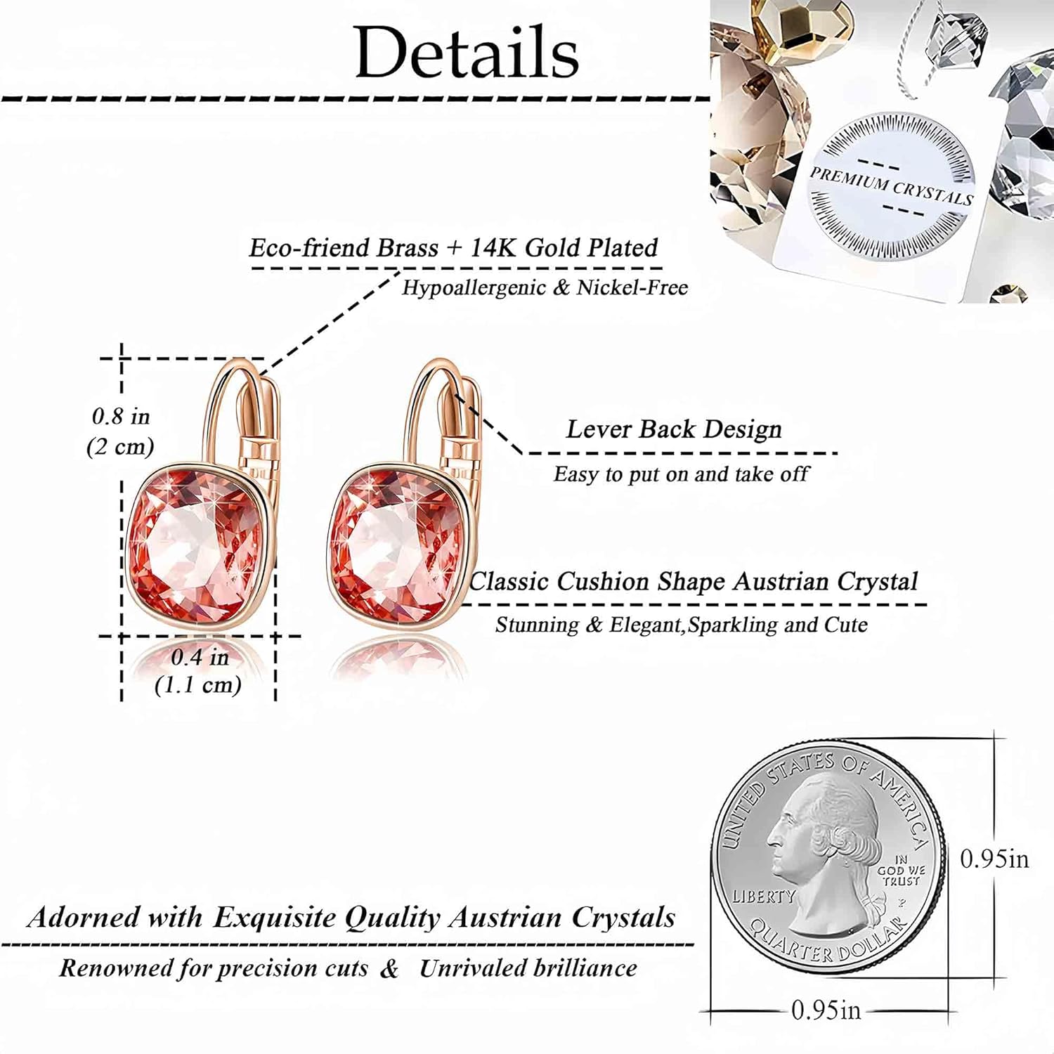 Austrian Crystal Square Cushion Drop Leverback Earrings for Women 14K Rose Gold Plated Hypoallergenic Jewelry - Image 4