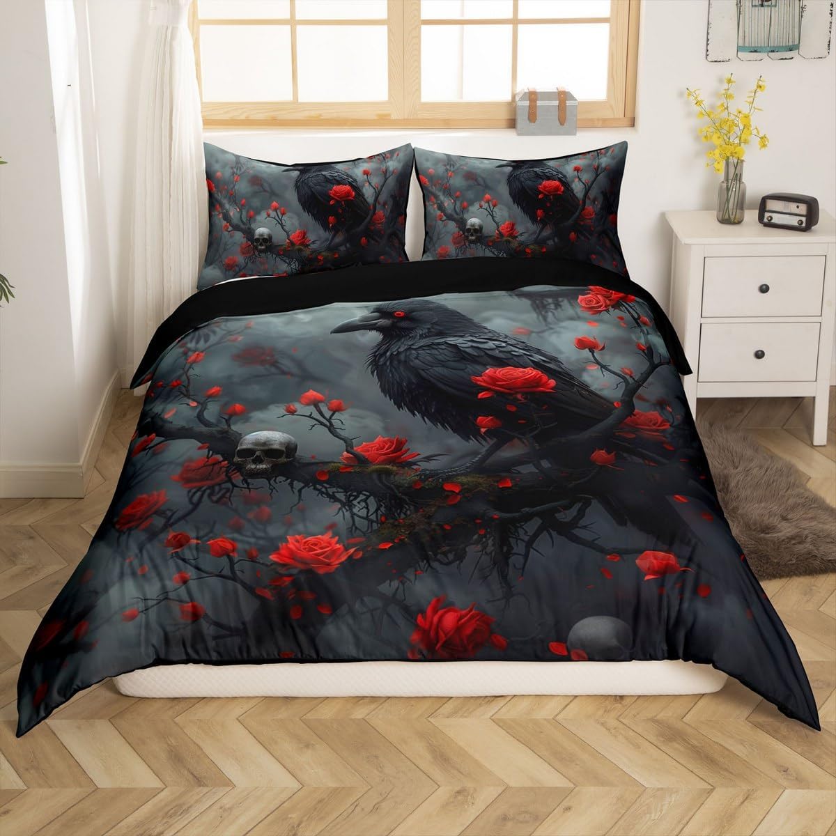 Trippy Crow Kids Duvet Cover Set Toddler Size,Roses Flowers Dark Clouds Psychedelic Bedding Set,Boys Girls Room Decor,Halloween Skull Skeleton Comforter Cover,Black Quilt Cover,1 Pillowcase(No Filler)