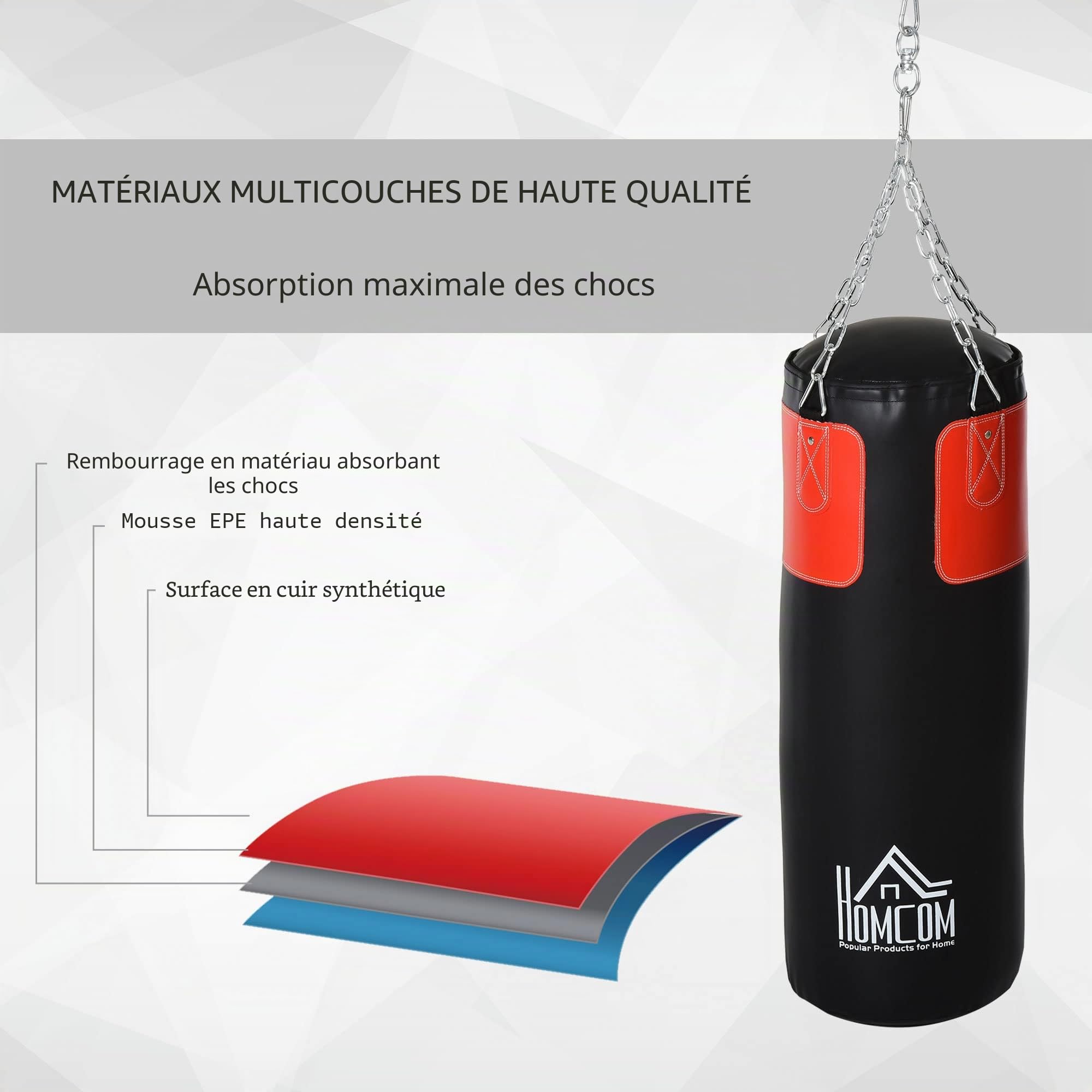HOMCOM Ensemble sac de frappe Ensemble de boxe avec gants de boxe Rempli Ensemble pour adultes adolescents Hanging Boxing Heavy Bag 16 KG Ø30 x 120 cm Noir+Rouge