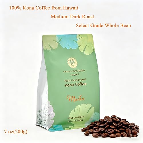 Miniatura 2 de Volcano King Coffee Maika Kona 100% seleccionado a mano de Hawái, medio oscuro, grano entero. Café arábica de origen único. Aroma dulce mantecoso,