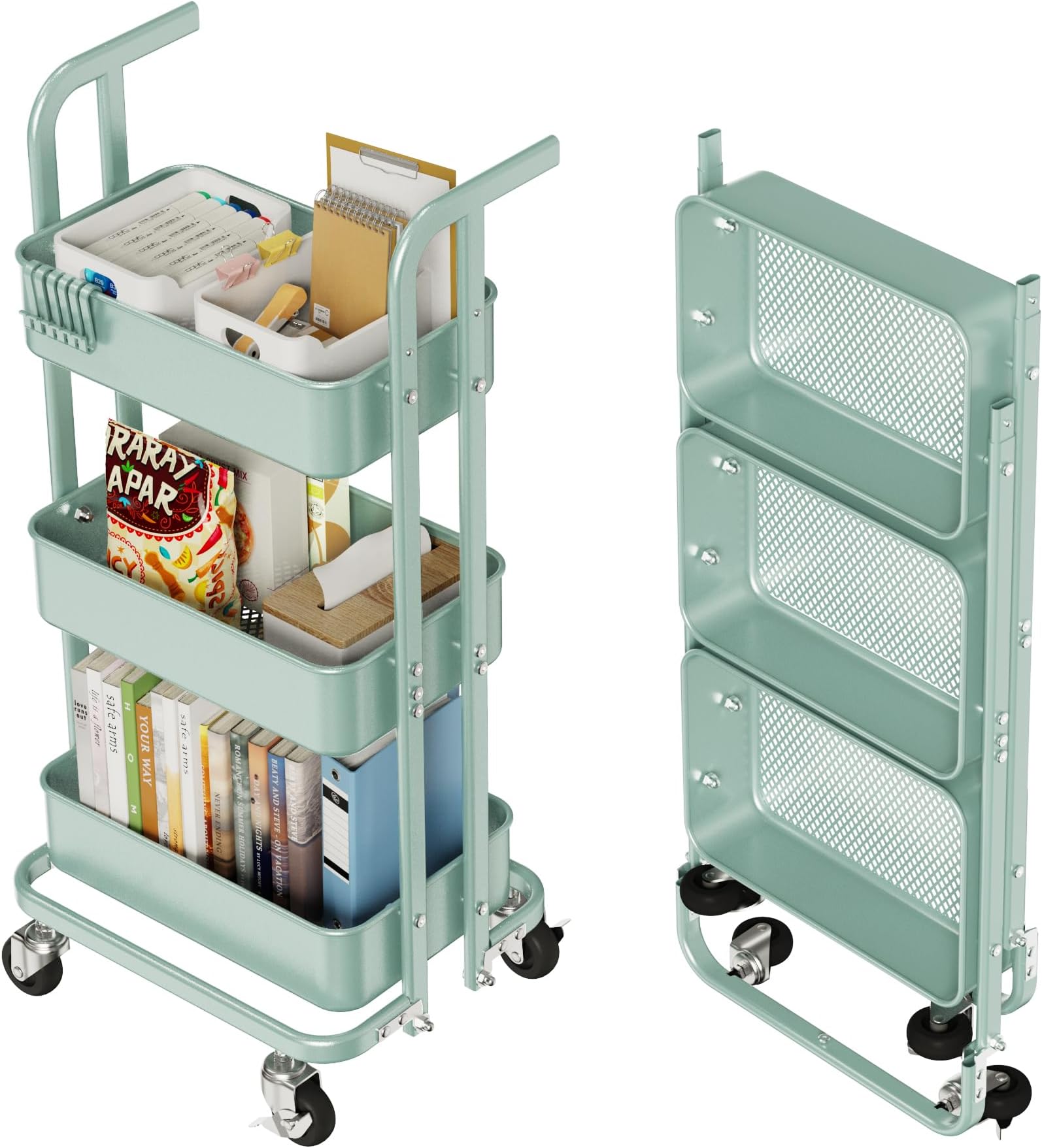 Merapi 3 Tier Foldable Rolling Cart, Metal Utility Cart with Wheels, 3 Hanging Cups and 6 Hooks, Folding Trolley for Living Room, Kitchen, Bathroom, Bedroom and Office, Green-Small