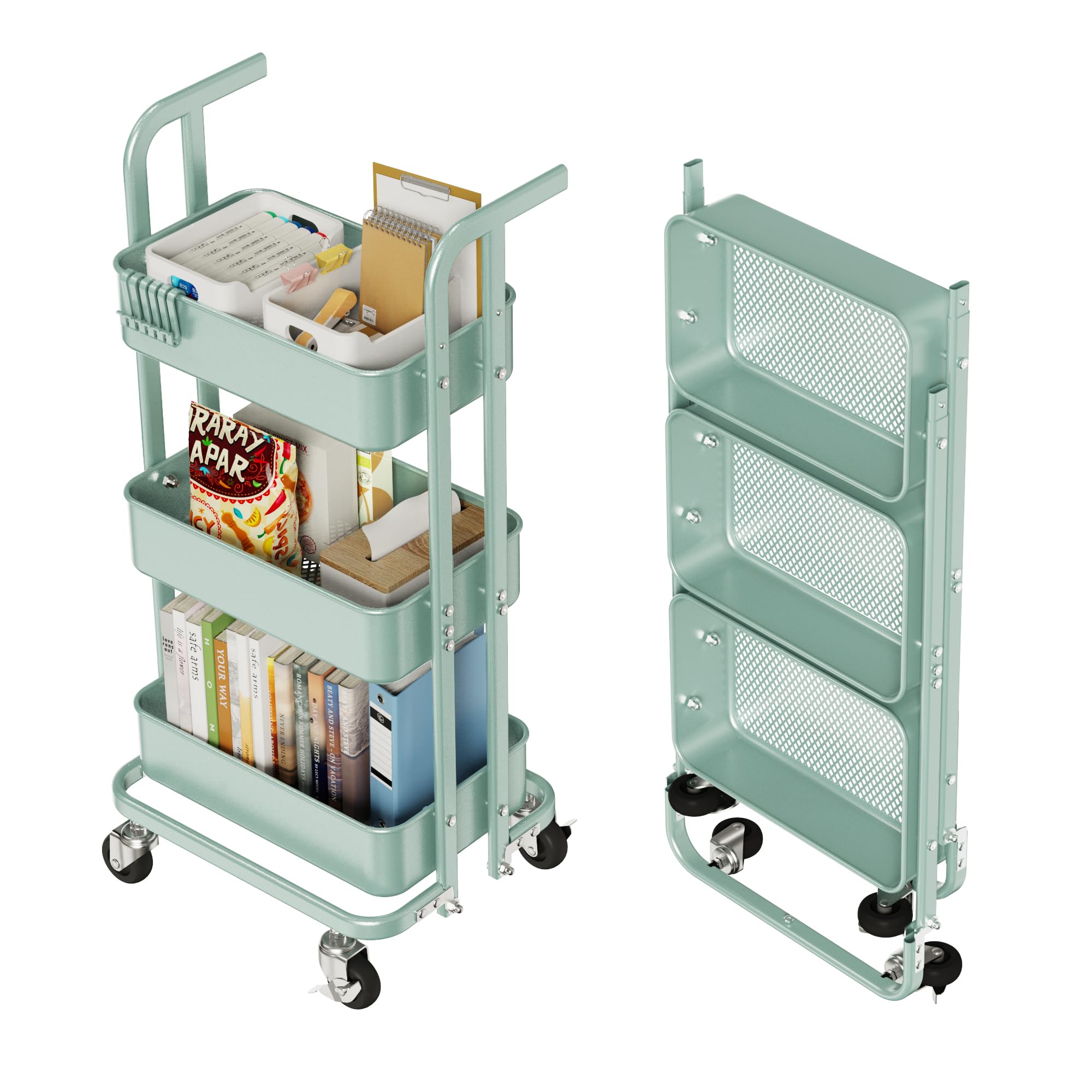 Merapi 3 Tier Foldable Rolling Cart, Metal Utility Cart with Wheels, 3 Hanging Cups and 6 Hooks, Folding Trolley for Living Room, Kitchen, Bathroom, Bedroom and Office, Green-Small