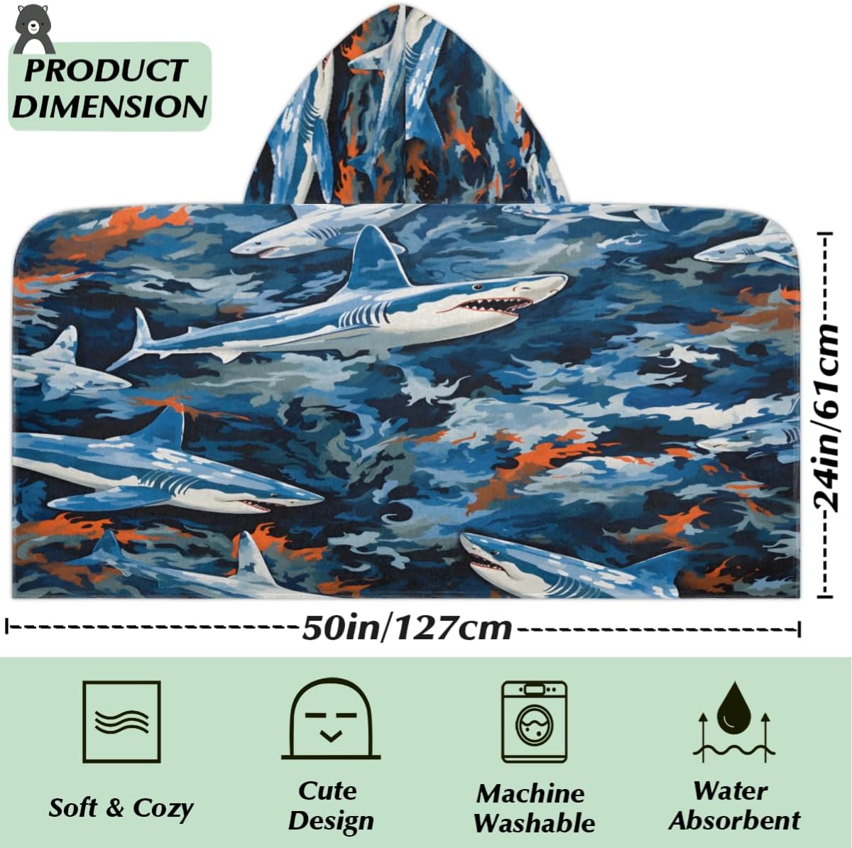 Pardick Kids Bath Towel Shark Camo Beach Towel with Hood Pool Cover Up for Girls Boys Soft Absorbent Hooded Bath Towel Toddler Towels for Beach, Pool