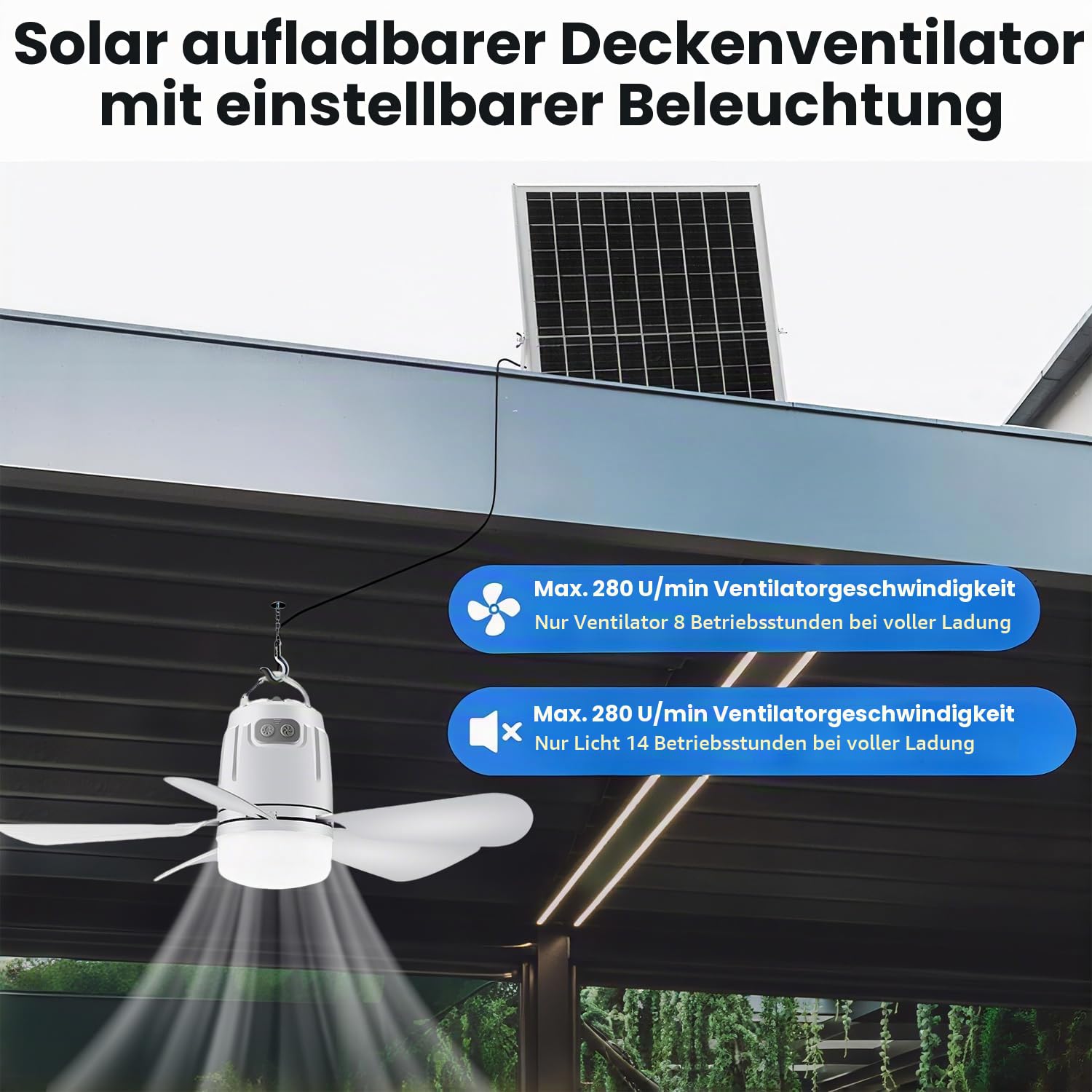 Solar Deckenventilator mit Beleuchtung Akku 20000mAh Ventilator mit Deckenleuchte LED Dimmbar Ventilatorlicht mit Fernbedienung Aufhängehaken Fan Deckenlampe für Terrasse Balkon Schirm Garten Outdoor