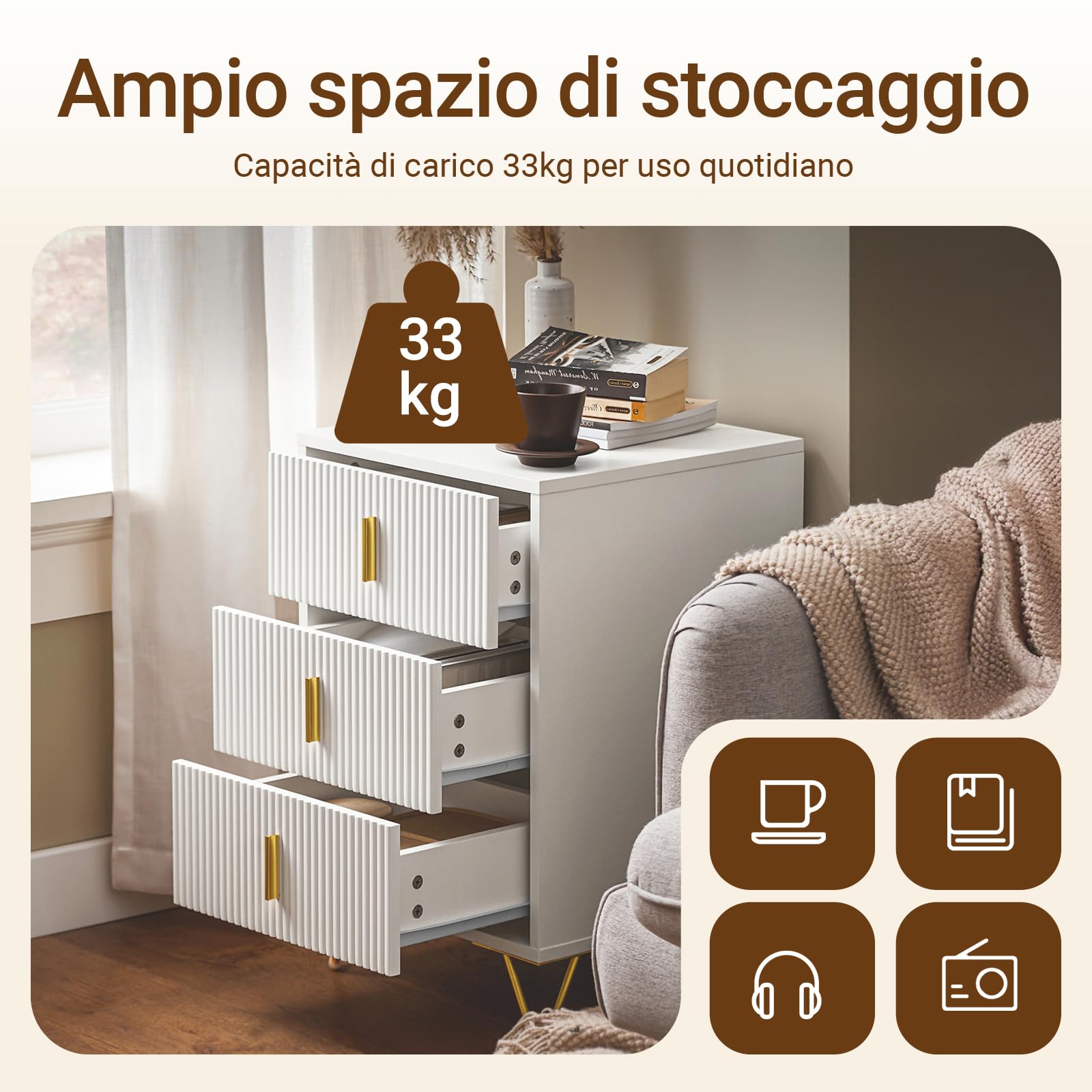 SoBuy Comodino camera da letto con 3 cassetti, 63 cm altezza ergonomica & 33 kg capacità, tavolino da letto per camera e soggiorno, ideale per piccoli spazi, bianco, 40 x 40 x 63 cm, FBT115-L-W
