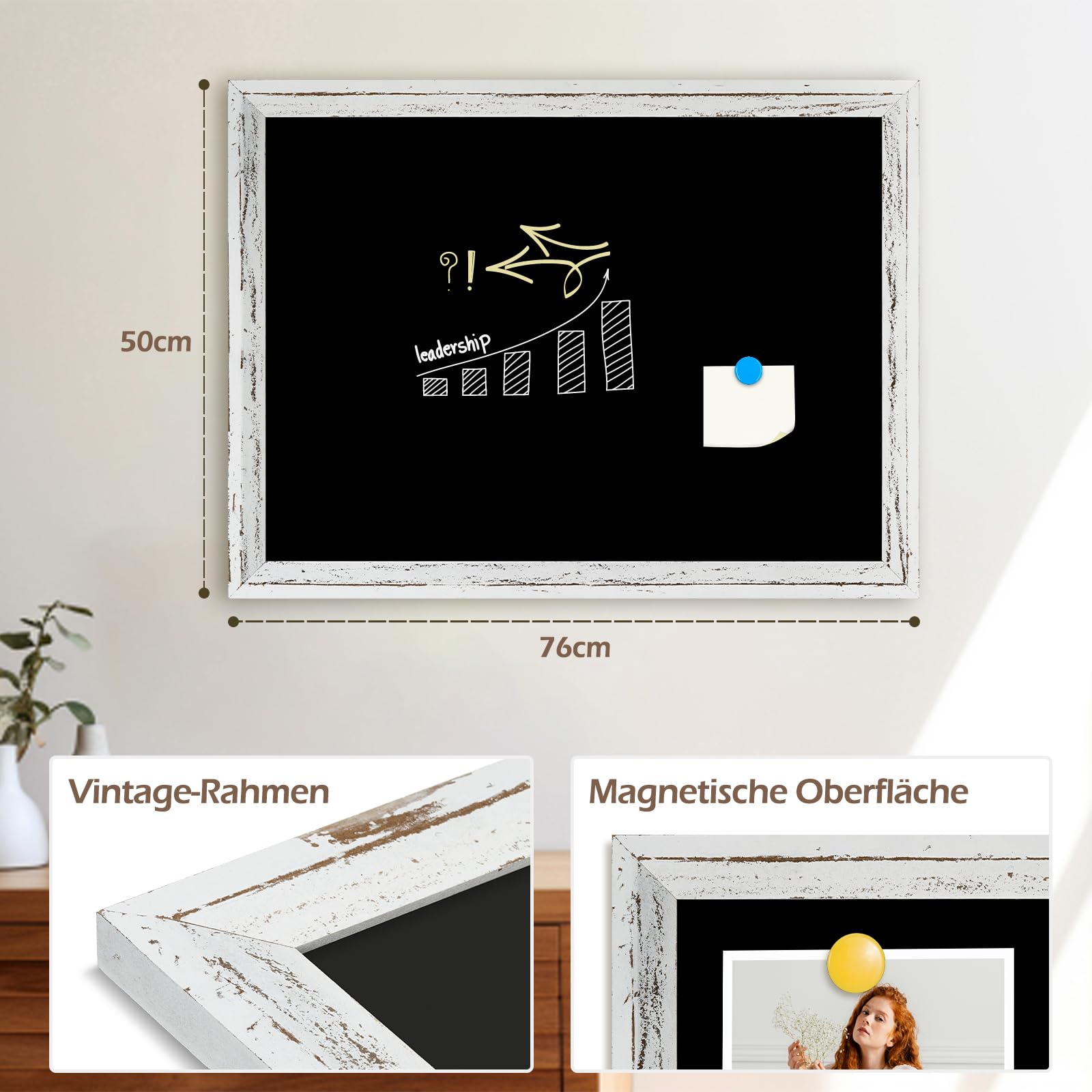 Magnetische Kreidetafel mit weißem Holzrahmen Wandtafel 50x76cm | magnettafel,magnetische Oberfläche,leicht zu reinigen,einfach anzubringen,Vintage-Holzrahmen,kostenloses Zubehör,Wandtafel