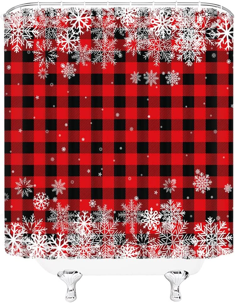 Merry Christmas Shower Curtain Snowflake Red Black Buffalo Check Plaid Farmhouse Winter Holiday Happy New Year Fabric Bathroom Decor Curtain Sets with Hooks,Red Black White