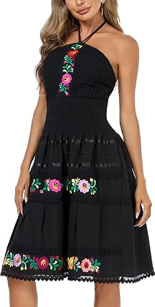 Mexican Dress for Women Casual Dress Halter Flowy Black Mini Dress