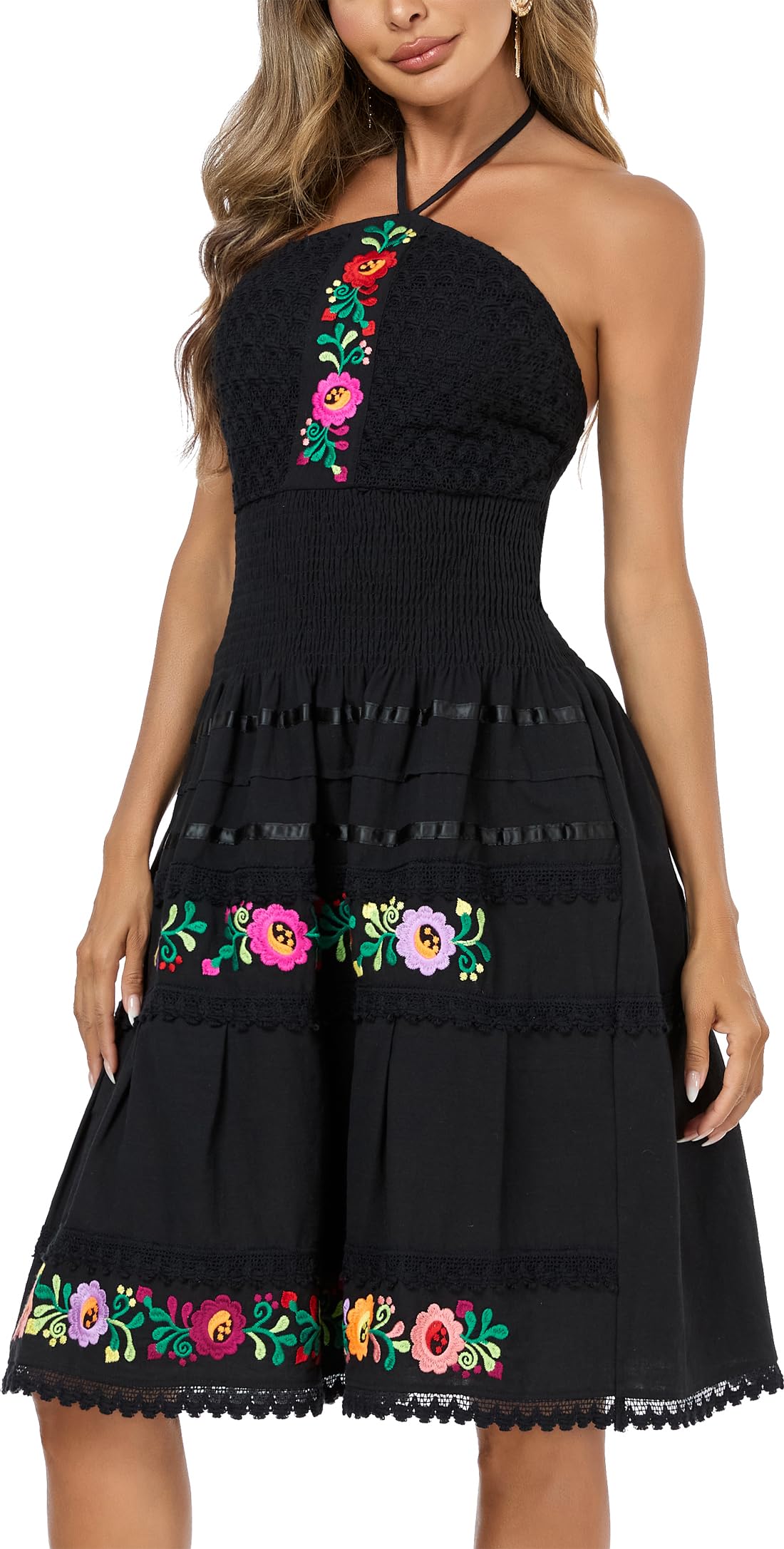 Mexican Dress for Women Casual Dress Halter Flowy Black Mini Dress