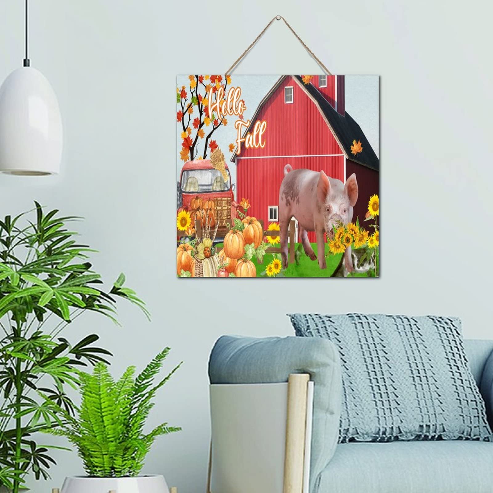 Panneau en bois de 30,5 cm style ferme avec motif camion rouge et lettrage Hello Fall