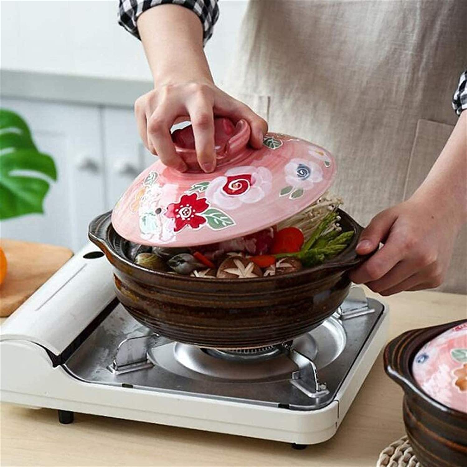 Casseruola Universale con Coperchio, casseruola in Ceramica, pentola in Terracotta Stampata Resistente al Calore, pentola per zuppa Resistente al Calore, pentola a cottu