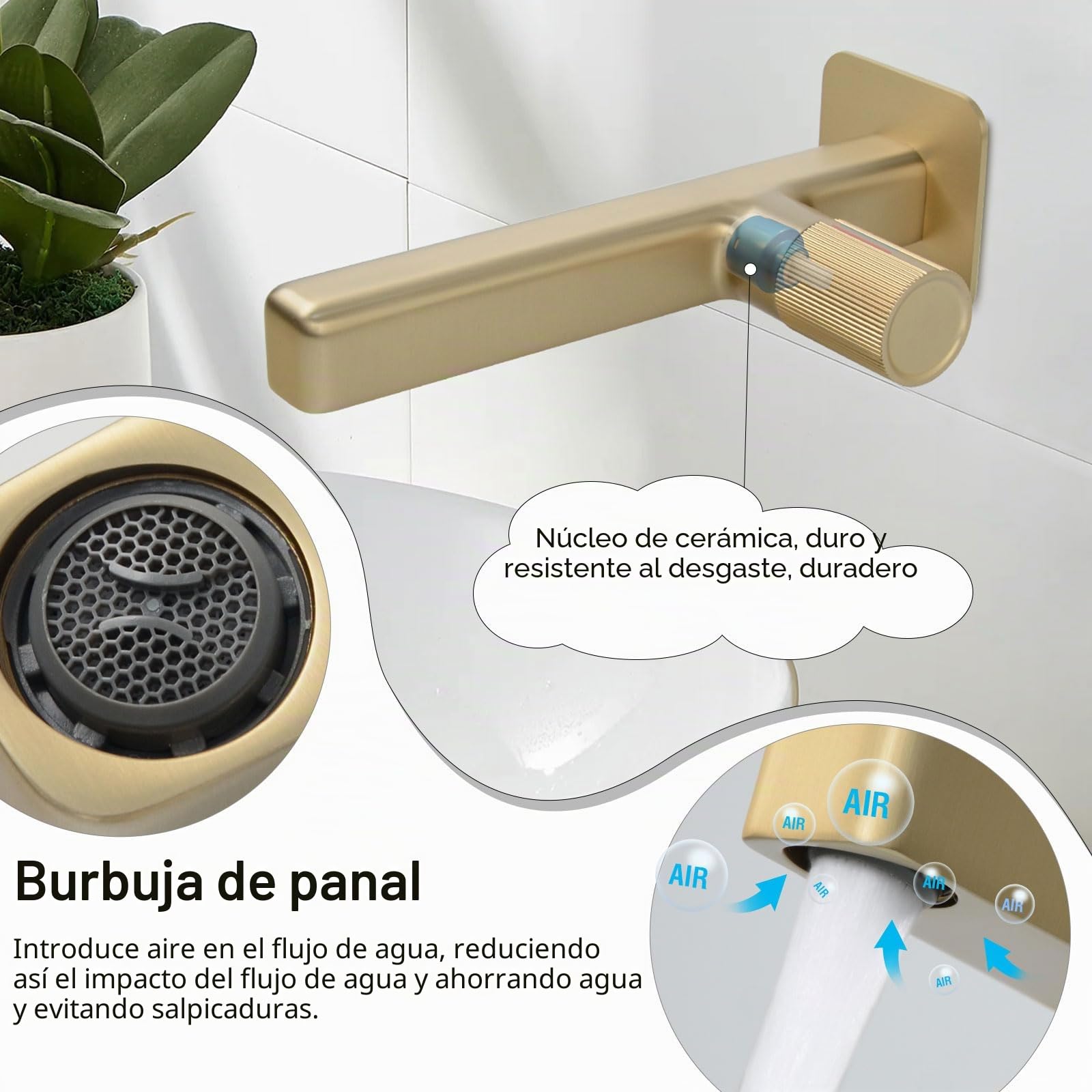 Grifo Lavabo Empotrado, Grifo de Pared Baño, Grifo Monomando Baño, Mezclador Agua Fría y Caliente, Dorado Cepillado, 8M4OK