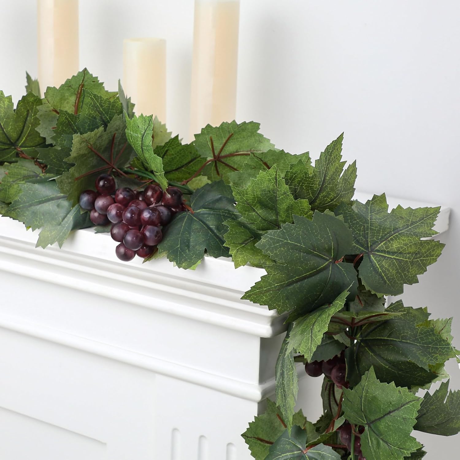 Artificial Grape Leaf Garland Vine Plant for Decoration Fake Greenery Garlands Hanging Leaves with Grapes for Wine Italian Themed Party Decor Wedding Photo Stage Favors (13 ft,Dark Green)