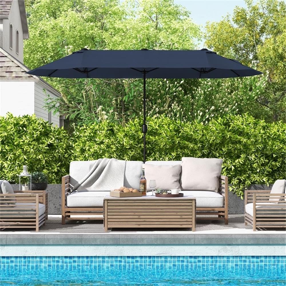 Pemberly Row 13FT Double-Sided Patio Umbrella, PA-Coated Fade-Resistant Fabric, Powder-Coated Metal Frame, Navy, Crank Handle, Vented Top, Fillable Base, Outdoor Shade for Large Gatherings and Events