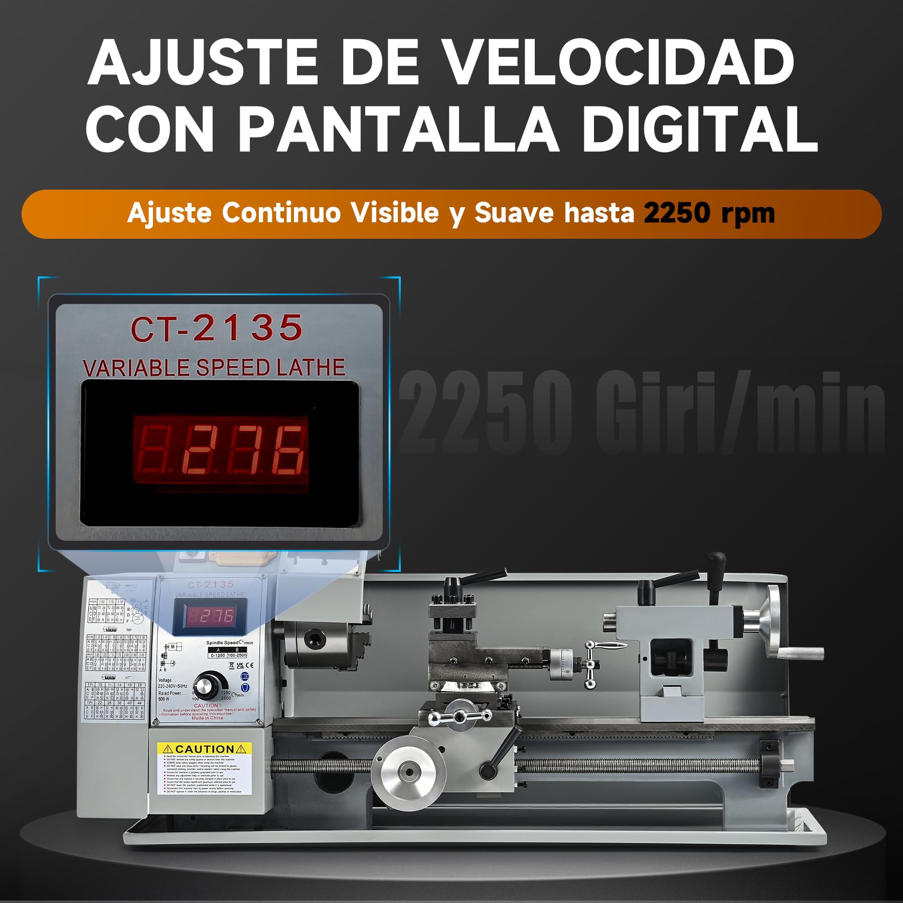 CREWORKS 600 W Mini Torno de Metal, 210x350 mm Torno para Metal de Sobremesa con Pantalla Digital, Máquina de Torno de Metal con Máx. Velocidad 2250 RPM, Torno para Metal para Roscar, Tornear