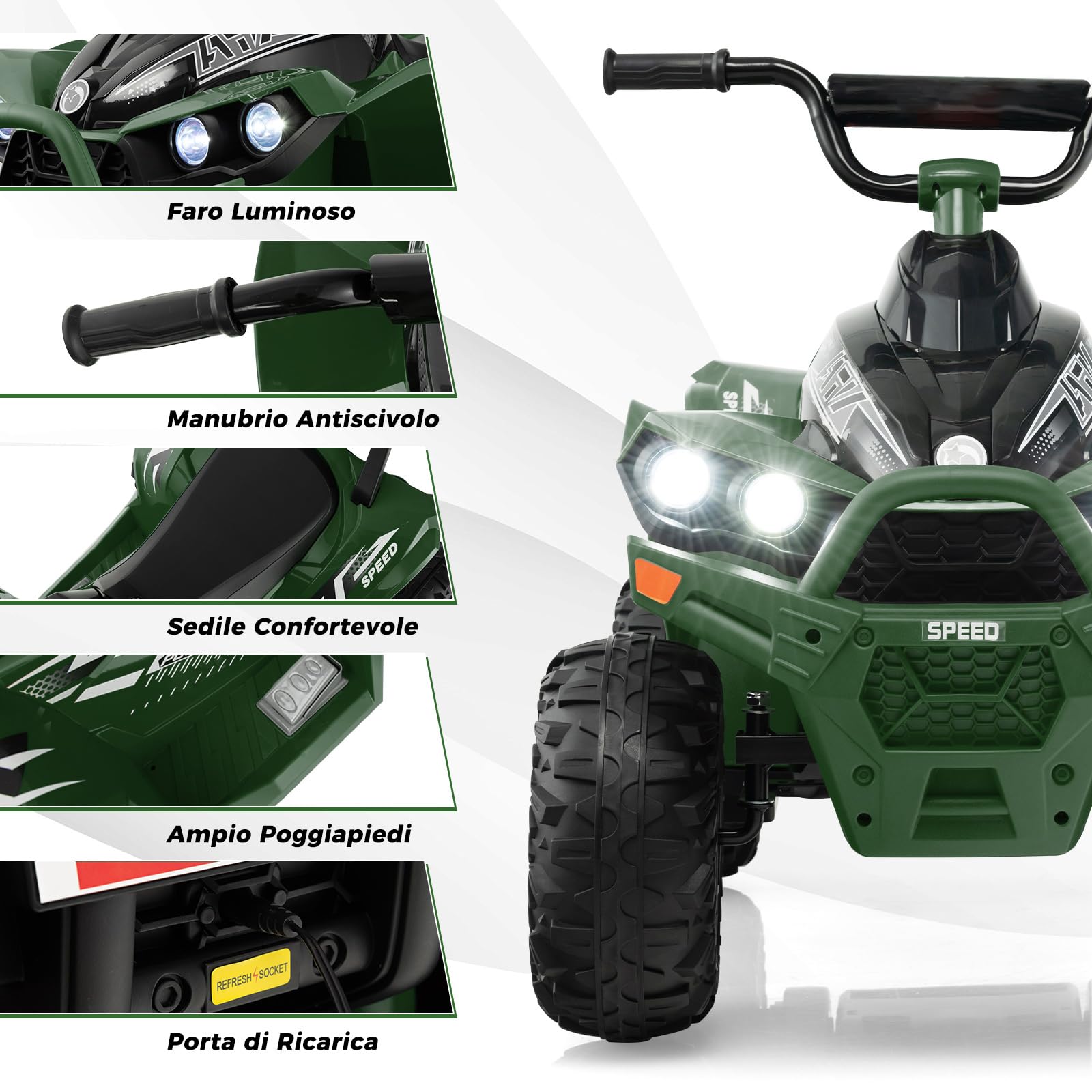 COSTWAY 12V Quad Elettrico per Bambini 3 Anni+, 3-5 km/h (Verde) | Macchina Elettrica con Velocità Alta/Bassa, Sedile Comodo Fari Corno e Musica, Auto Elettrica Cavalcabile