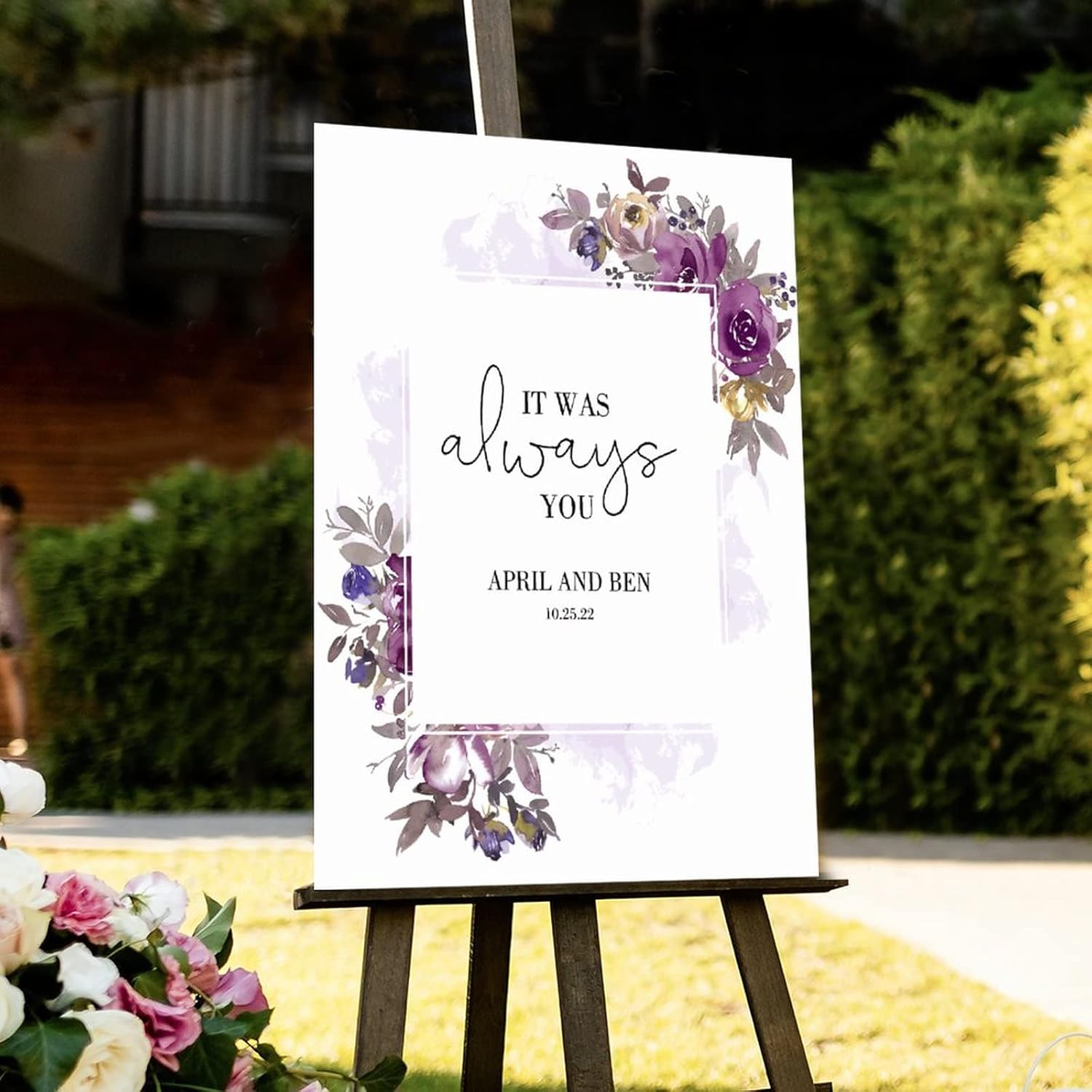 Boho Wood Wedding Welcome Sign Welcome to Bridal Shower Personalized Wedding Reception Sign Dark Purple Watercolor Rose Floral Decorative Wedding Party Art Signs 16x24in Wedding Decor Plaque