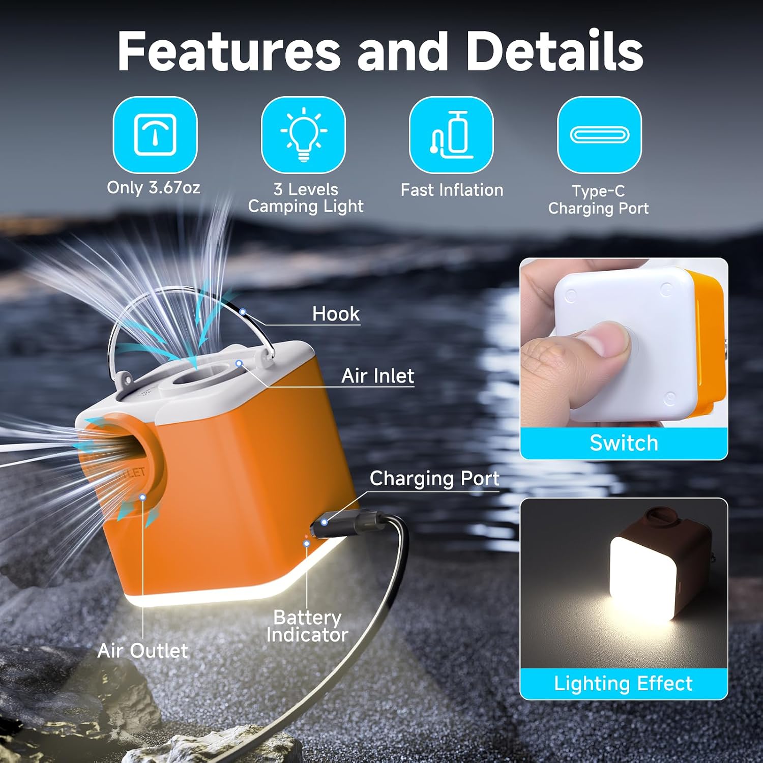 Portable Mini Air Pump for Inflatables, 4.5 kPa 2400mAh Air Mattress Pump Electric with Camping Light and 5 Nozzles, USB Rechargeable Quick Inflate Deflate for Pool Floats Camping Beach Travel