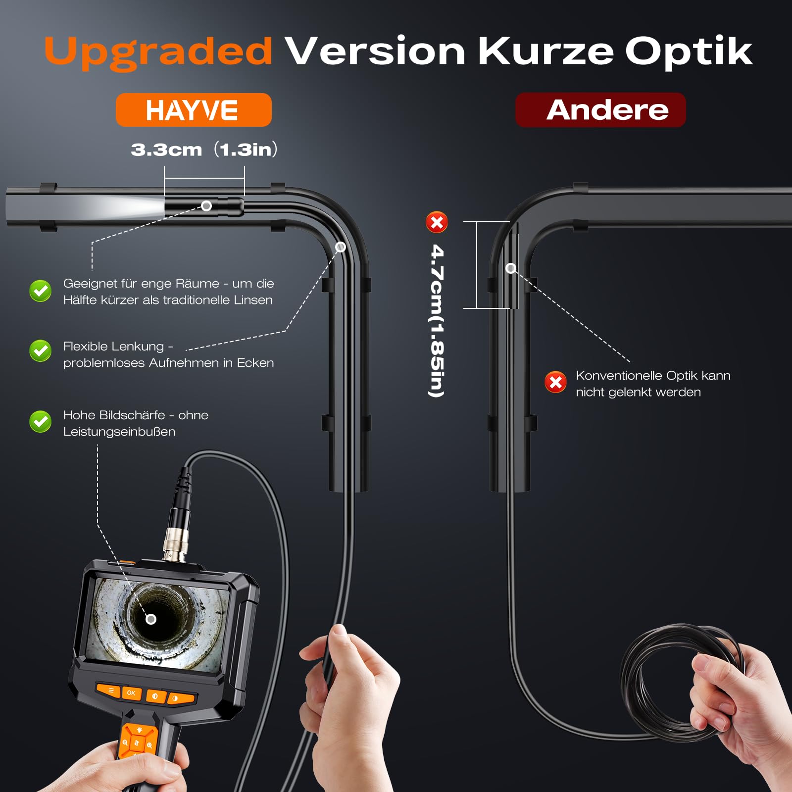 Endoskopkamera mit Licht 5M, 4,3-Zoll 1080P HD Endoskop Kamera Handy | Rohrkamera mit 8 Einstellbaren LED Licht, Ip67 Wasserdichtes Halbstarrer Inspektionskamera, Kanal-Kamera für Automobilmotor