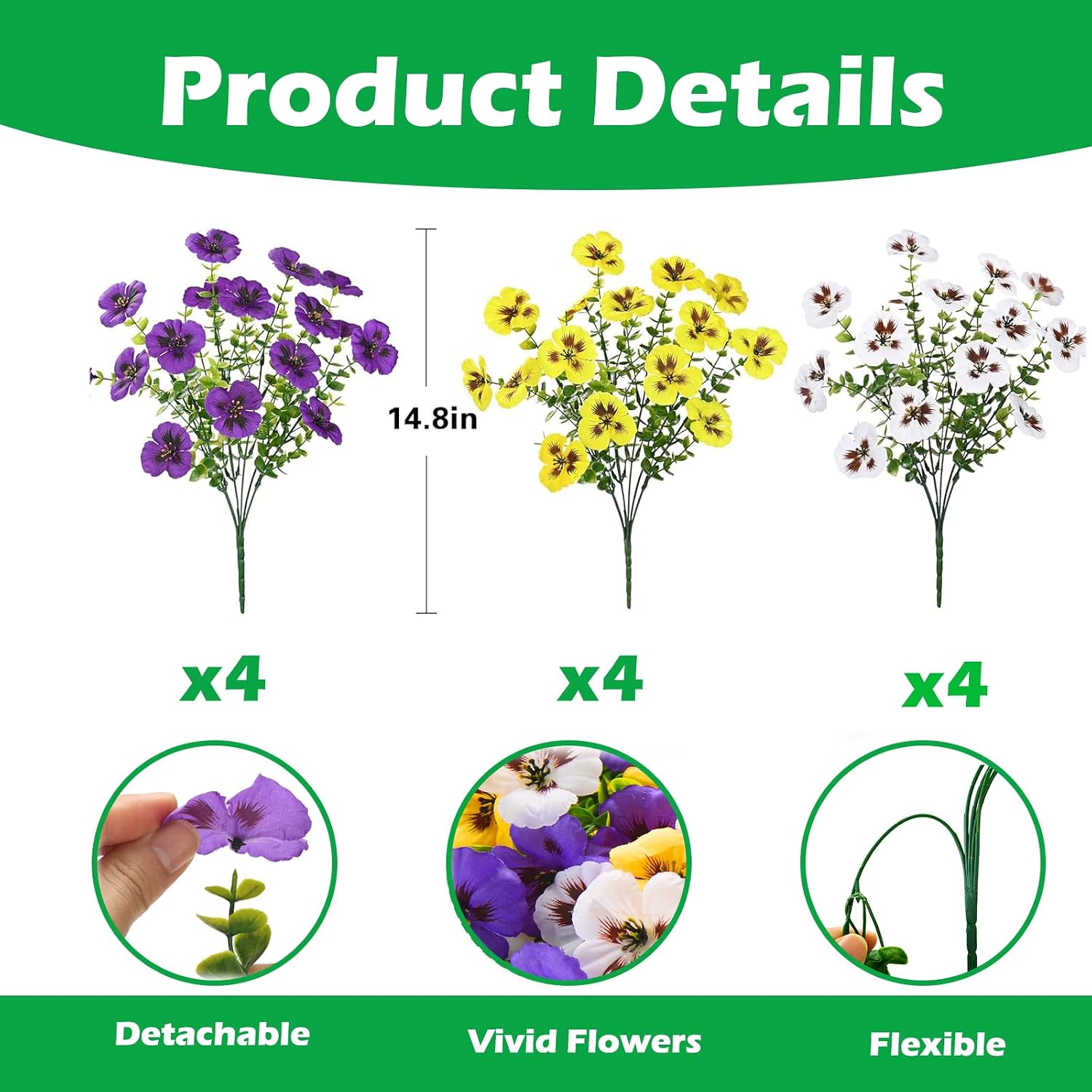 Artificial Pansies Flowers for Outdoors, 12 Pcs Faux Silk Pansy Flower UV Resistant Fake Plants for Outside Planter Porch Yard Patio Home Decor, Yellow White Purple, 12 image 3