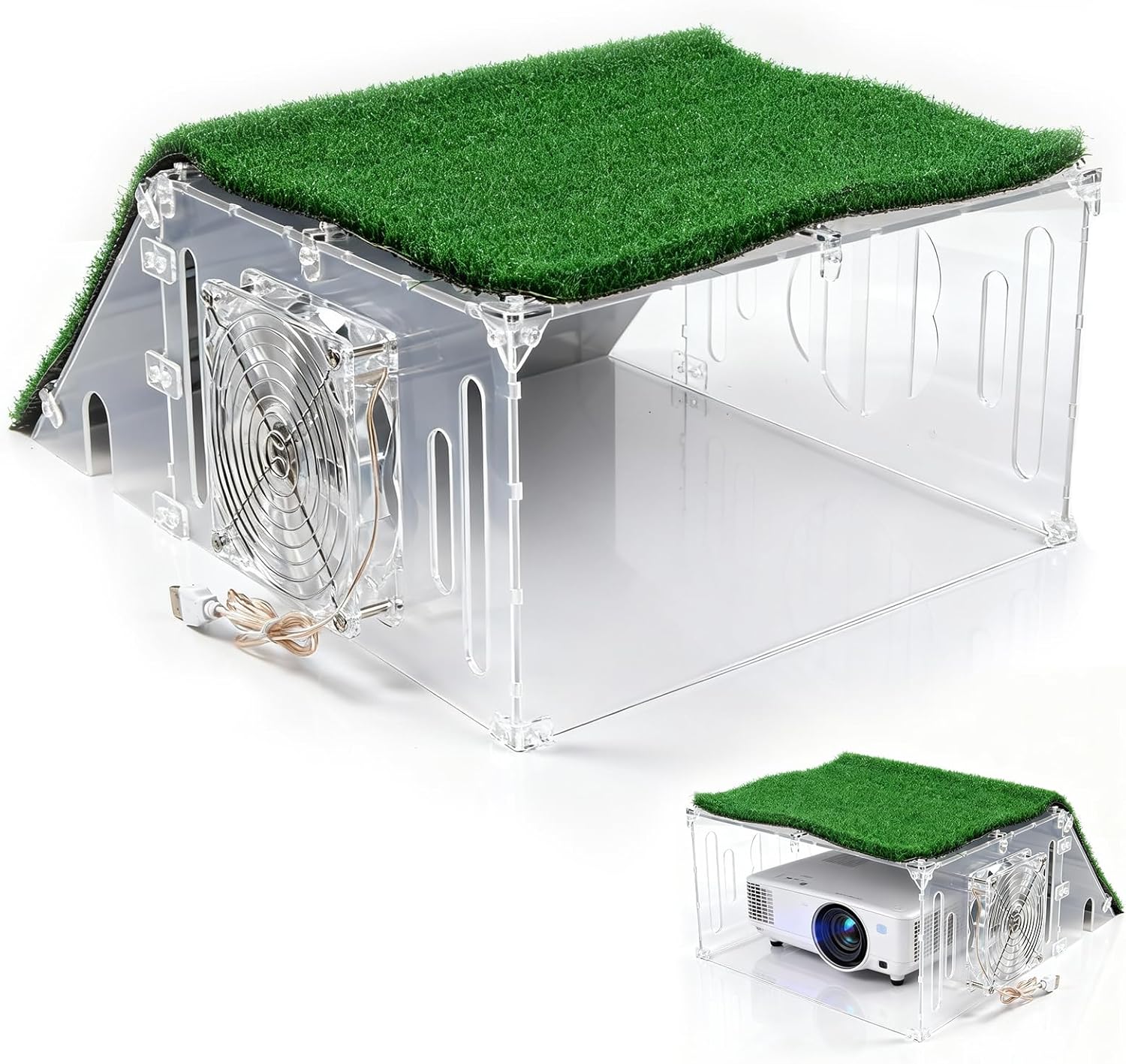 Ninonly Golf Simulator Projector Cover Enclosure with Cooling Fan & Synthetic Turf Mat,Floor Mounted Protective Cover for Golf Projectors,Durable Case with Ventilation for Home Golf Simulator Setup