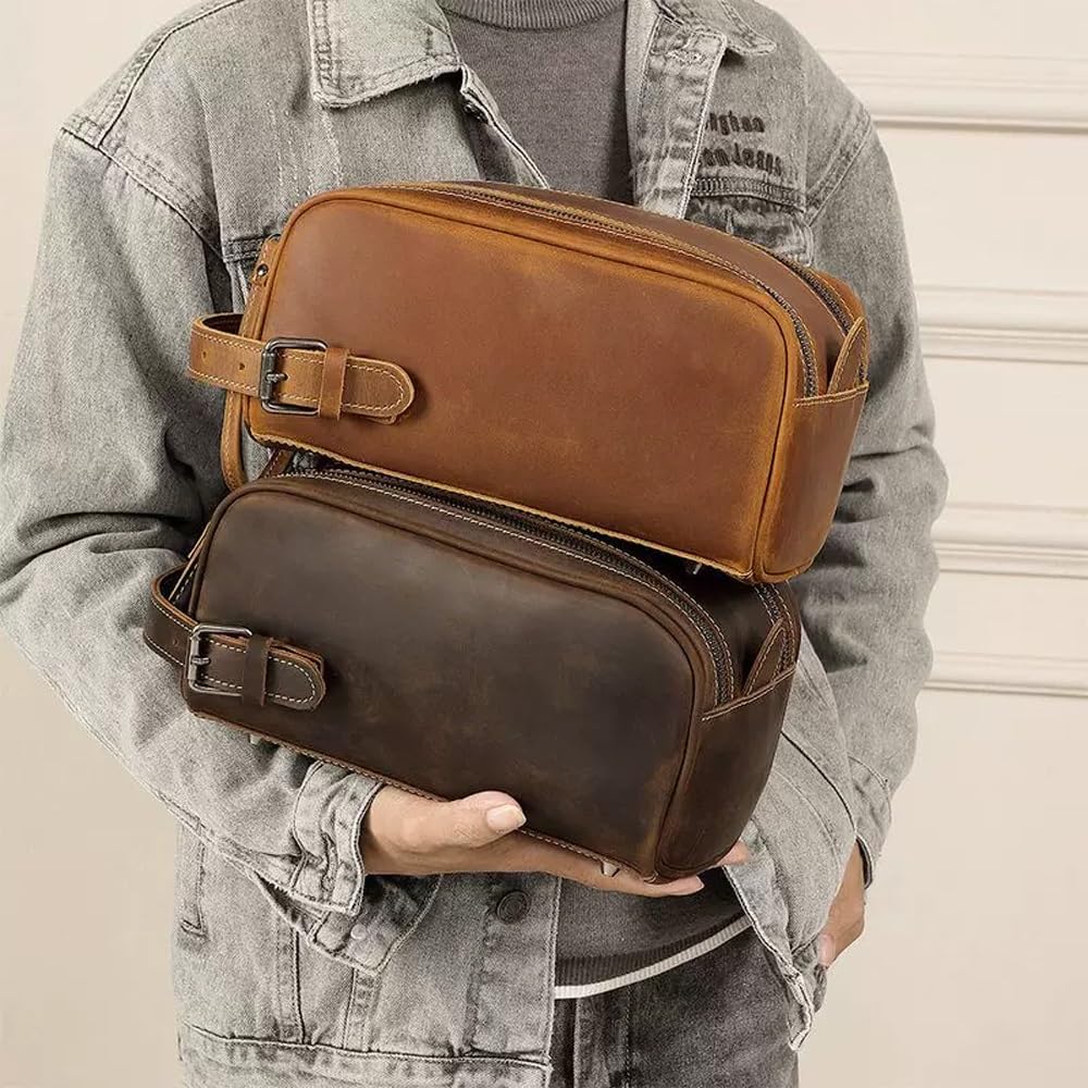 Kulturbeutel aus Leder for Herren – Reise-Dopp-Set und Hygiene-Organizer, perfekte Kultur-Reisetasche for Herren(Brown)