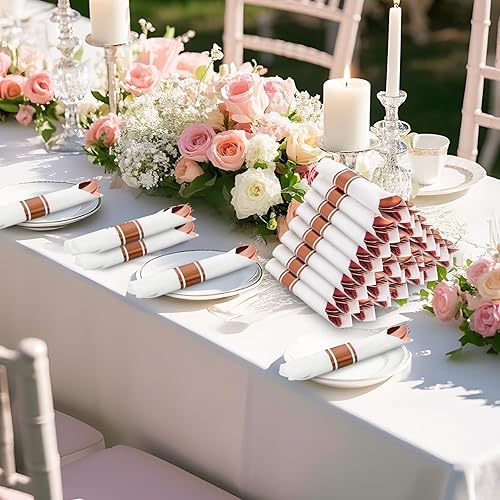 Miniatura 9 de Juego de 400 cubiertos de plástico de oro rosa preenrollado, cubiertos de oro rosa resistente, incluye 100 utensilios desechables envueltos con