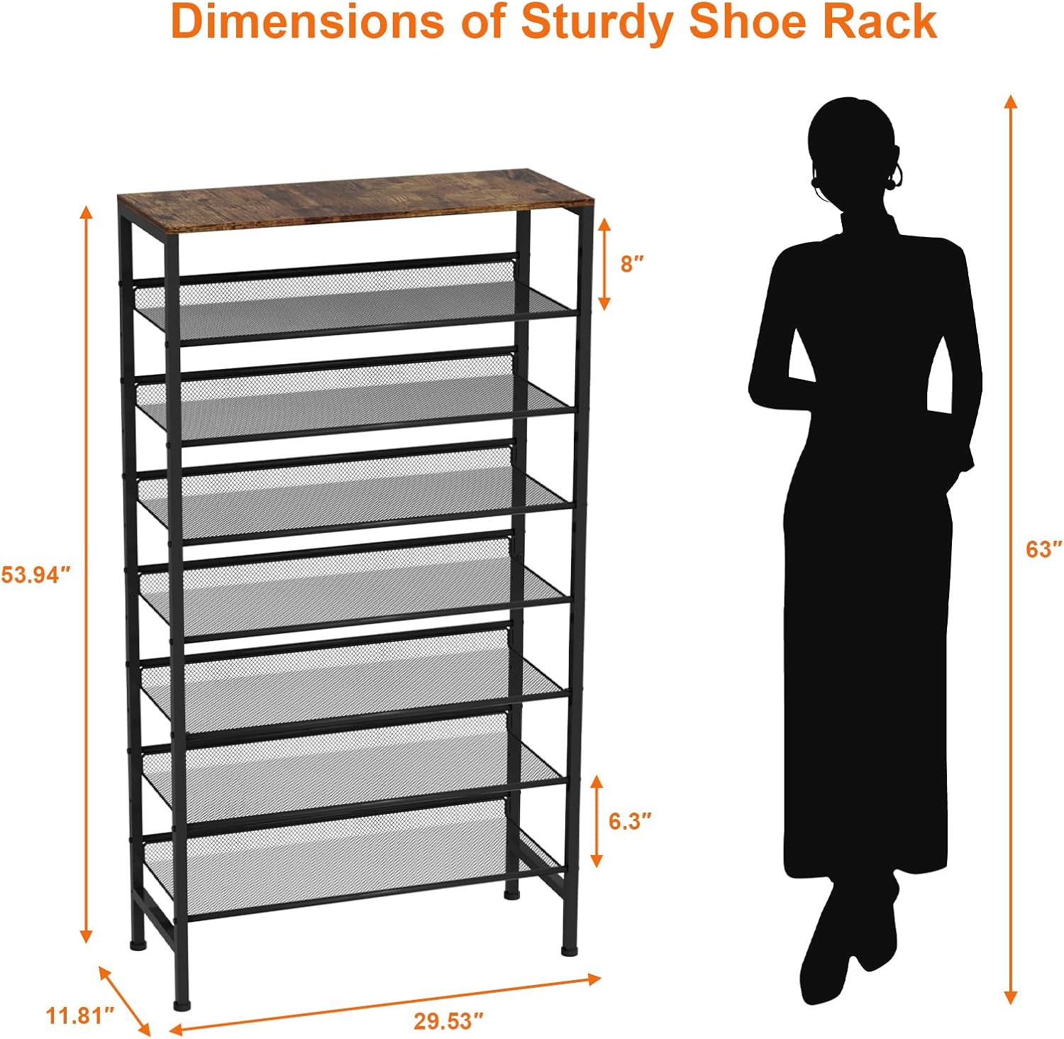 Large Shoe Rack 8 Tier Shoe Organizer, Heavy Duty Metal Shoe Storage Vertical Shoe Rack for Closet Front Door Entrance, Up to 28 Pairs, Top Wooden Storage Shelf, Black