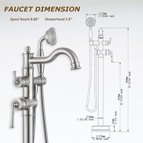 Miniatura 10 de Llenador de bañera independiente de montaje en el suelo con grifo de bañera romano de ducha de mano por acabado cromado, boquilla giratoria con