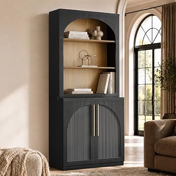 ModernMate 70" Tall 5-Tier Modular Arched Bookcase with Storage, Black+Wood