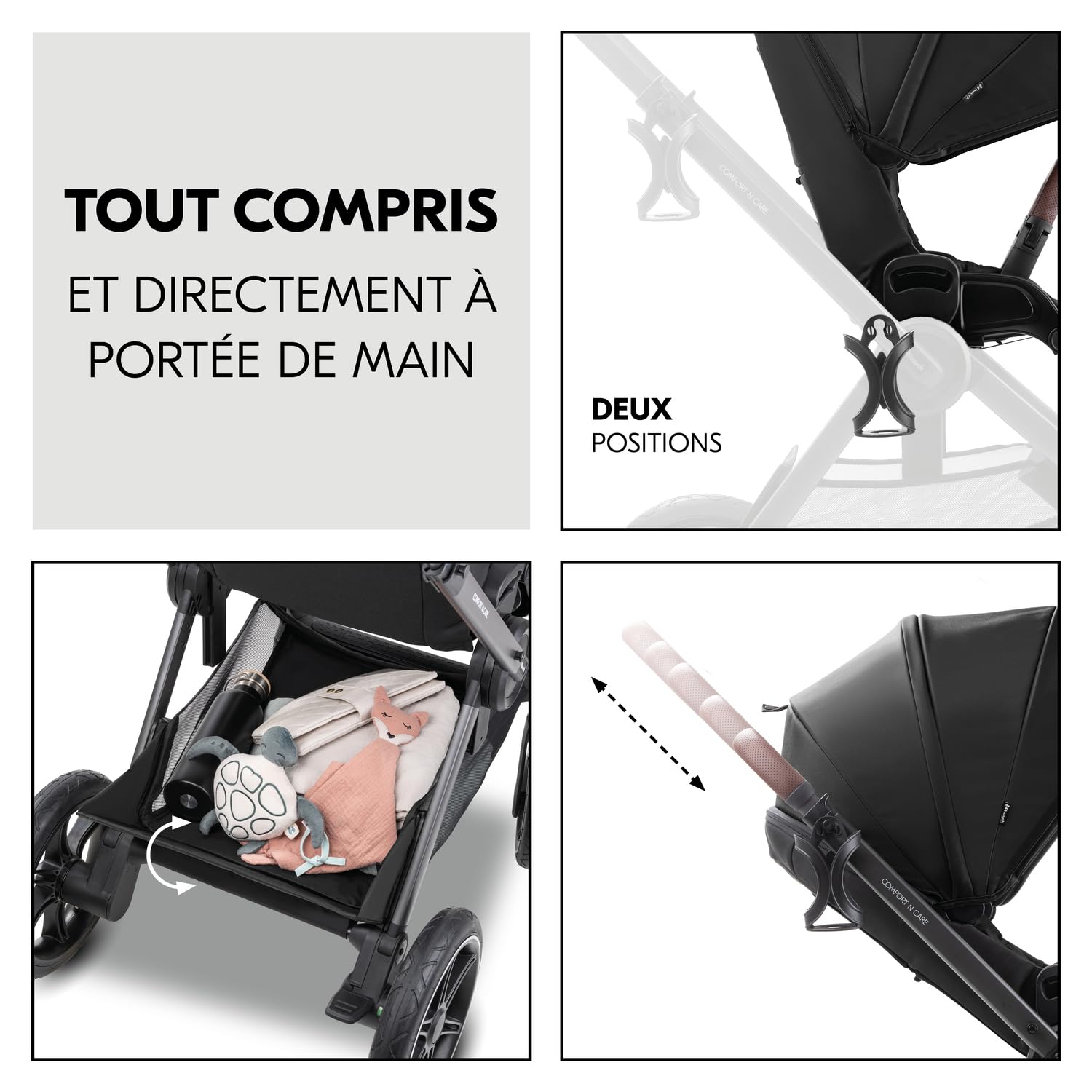 hauck Poussette 2 en 1 avec Pneus en caoutchouc, Comfort N Care Set Black | De la naissance à 22 kg (4 ans), nacelle à boutons mémoire, siège réversible avec couvre-jambes, UPF 50+, adaptateurs cosy