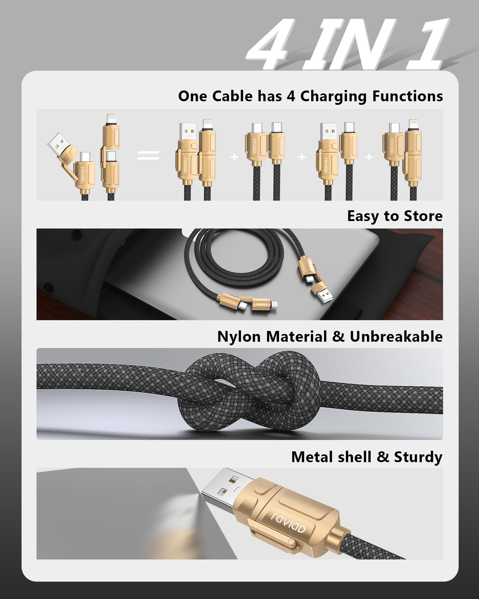 RAVIAD 4-in-1 USB-kabel – Snel Opladen En Synchroniseren Voor IPhone, Samsung En Meer (0,5 M, Nylon, 100W PD)