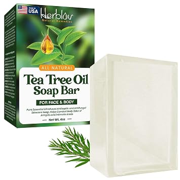 Herblov Tea Tree Oil Soap Bar for Face & Body, 4oz All Natural Remedy Skin Cleanser Pure Essential Oil Infused Skincare Cleansing Soap for Dirt & Acne - Tea Tree Face & Body Wash Made in USA