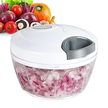 Ourokhome Mini Garlic Grinder, Onion Chopper, Manual Food Processor, Portable Speed Vegetable Cutter for Vegetables, Ginger, Fruits, Nuts, Herbs, Etc., 2 Cups, White with C