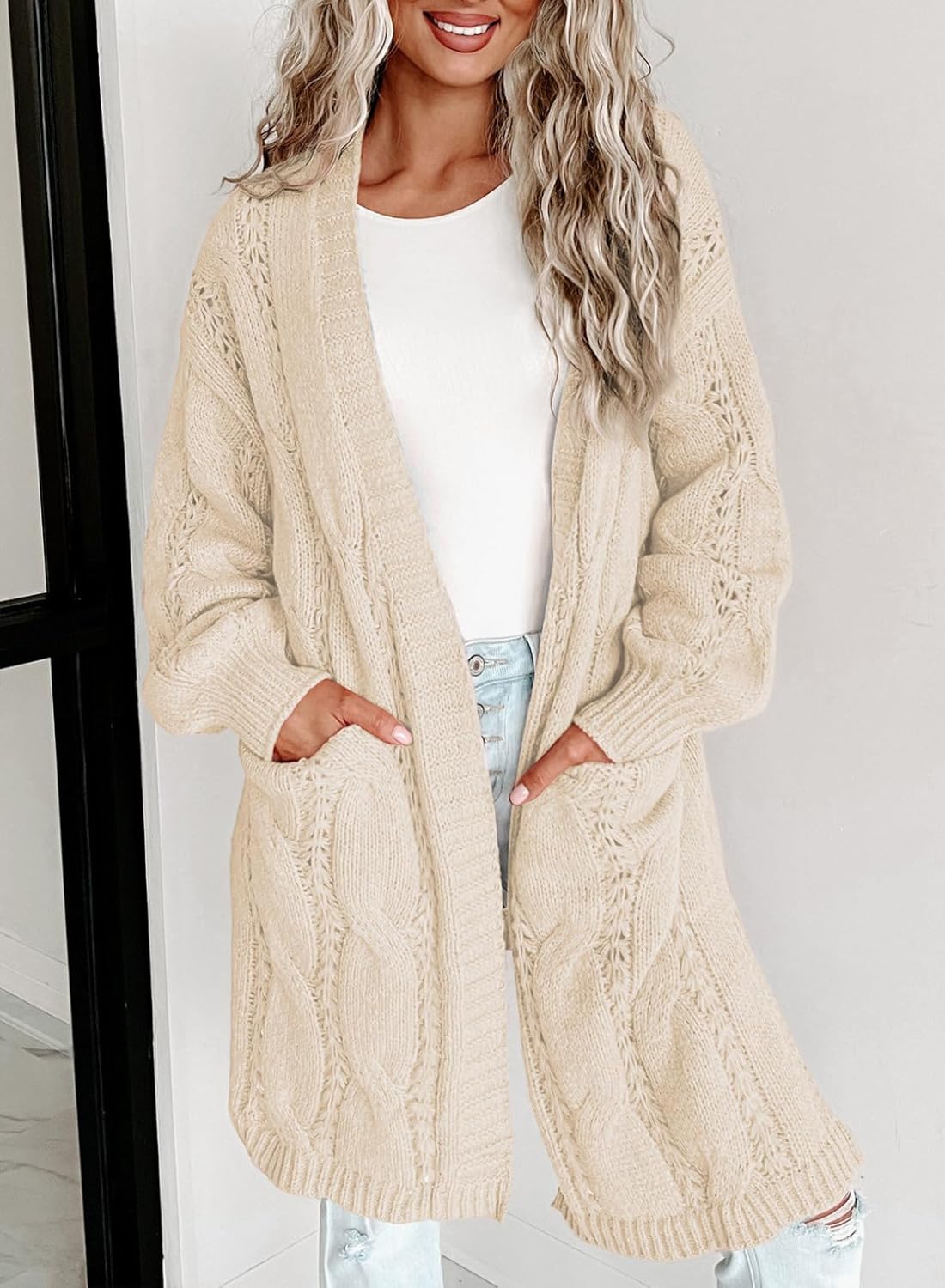 Dokotoo Long Cardigans for Women Open Front 2025 Long Sleeves Winter Sweaters with Pockets