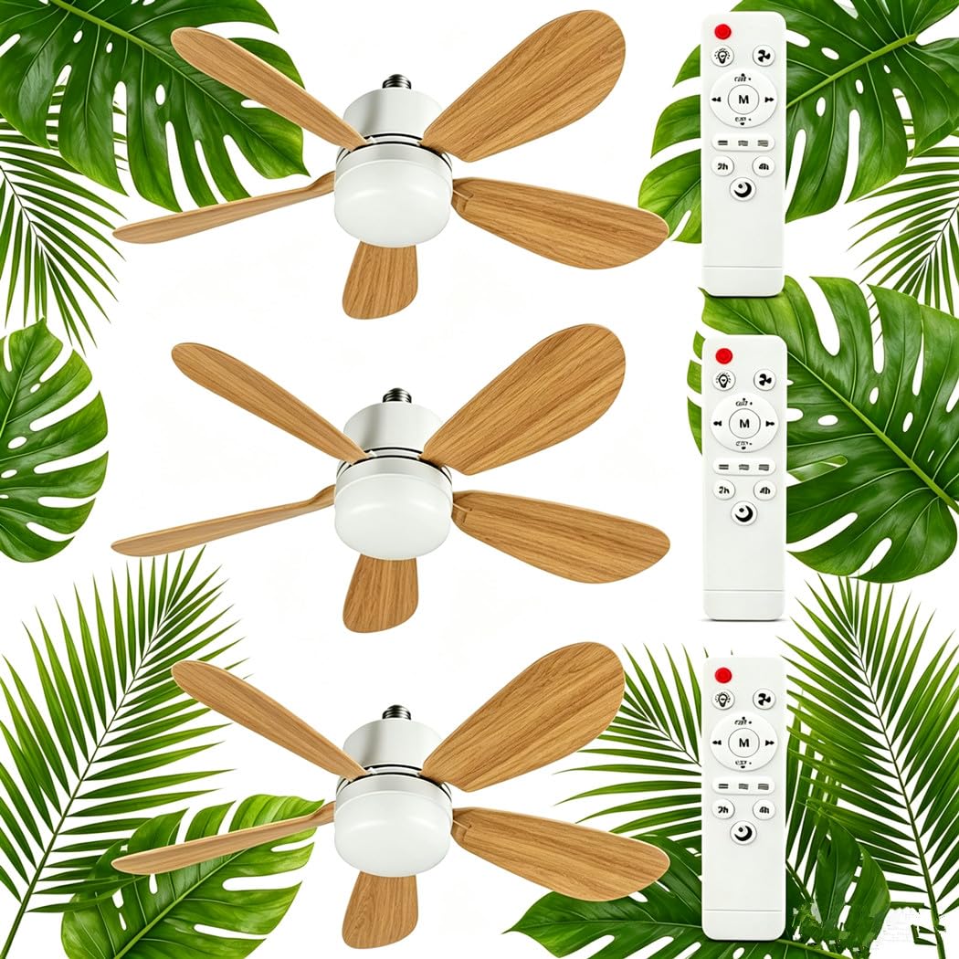 lot de 3 Ventilateur de Plafond avec Lumière et Telecommande, E27/E26 40W Lampe de Ventilateur LED Dimmable Plafonnier Timing, Silencieux, 5 Pales, 3 Vitesses pour Chambre Salon, Bureau