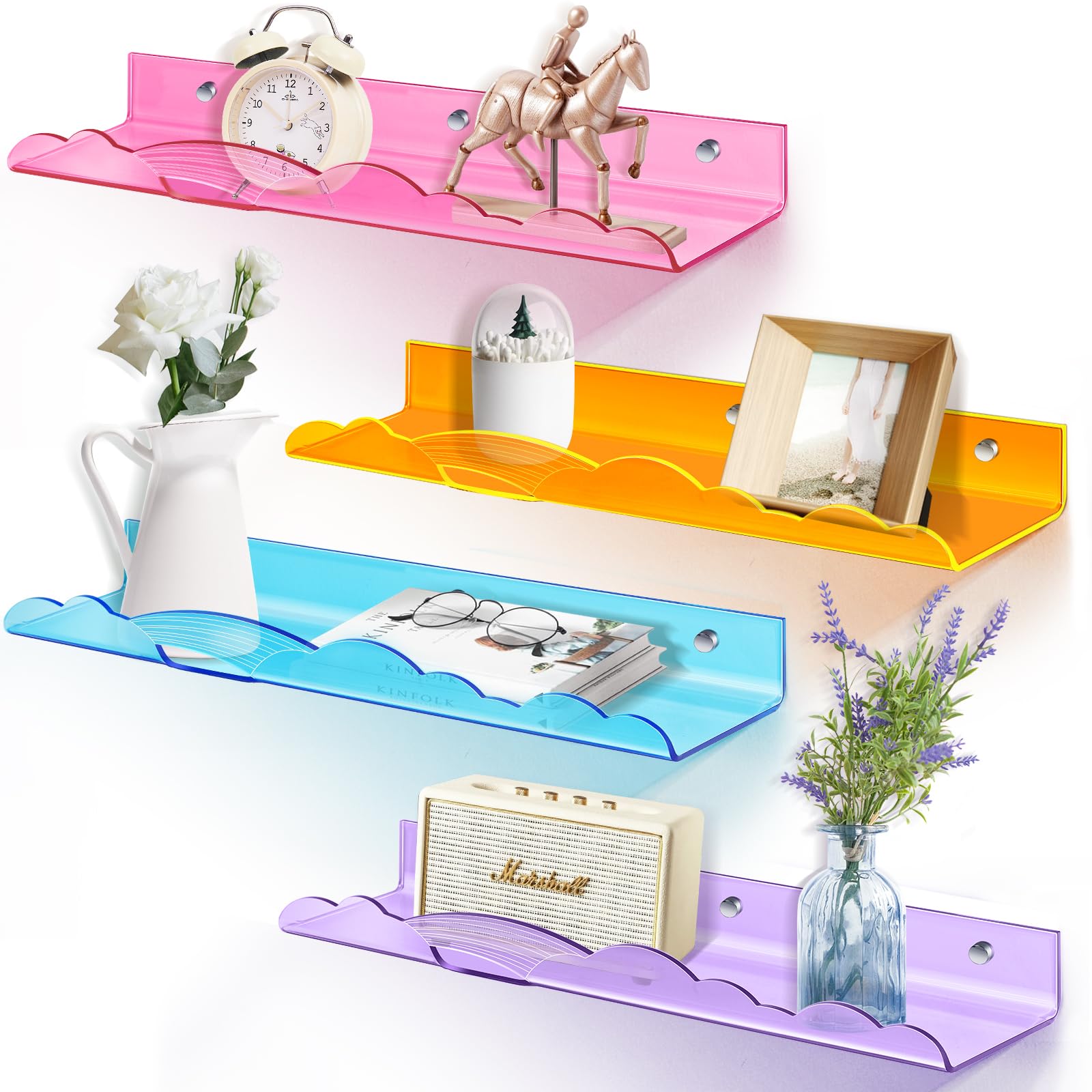 wooshwa Estanteria Estante de Pared Baldas Flotantes Repisas de Pared Acrílico Sin Agujeros Juego de 4, Decoración para Salón, Dormitorio, Baño, Cocina, Oficina Estudio - 40 x 9 x 4 cm, Multicolor