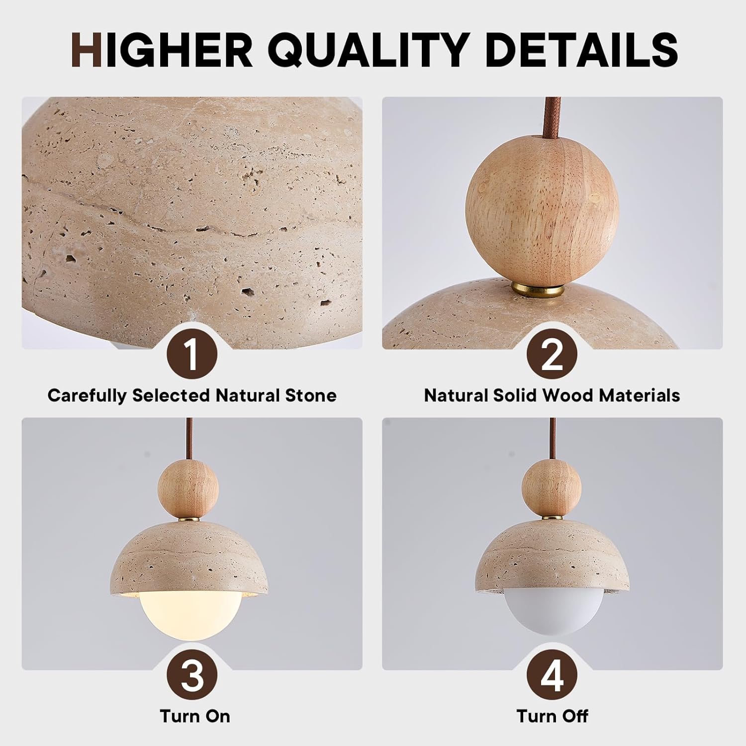 Natural Stone Pendant Light Set of 2, Wabi Sabi Travertine & Wood Hanging Lamp for Kitchen Island, Hallway, Bedroom, Dining Room Ceiling Decor (G9 Bulb, 5.9 in Stone Round)
