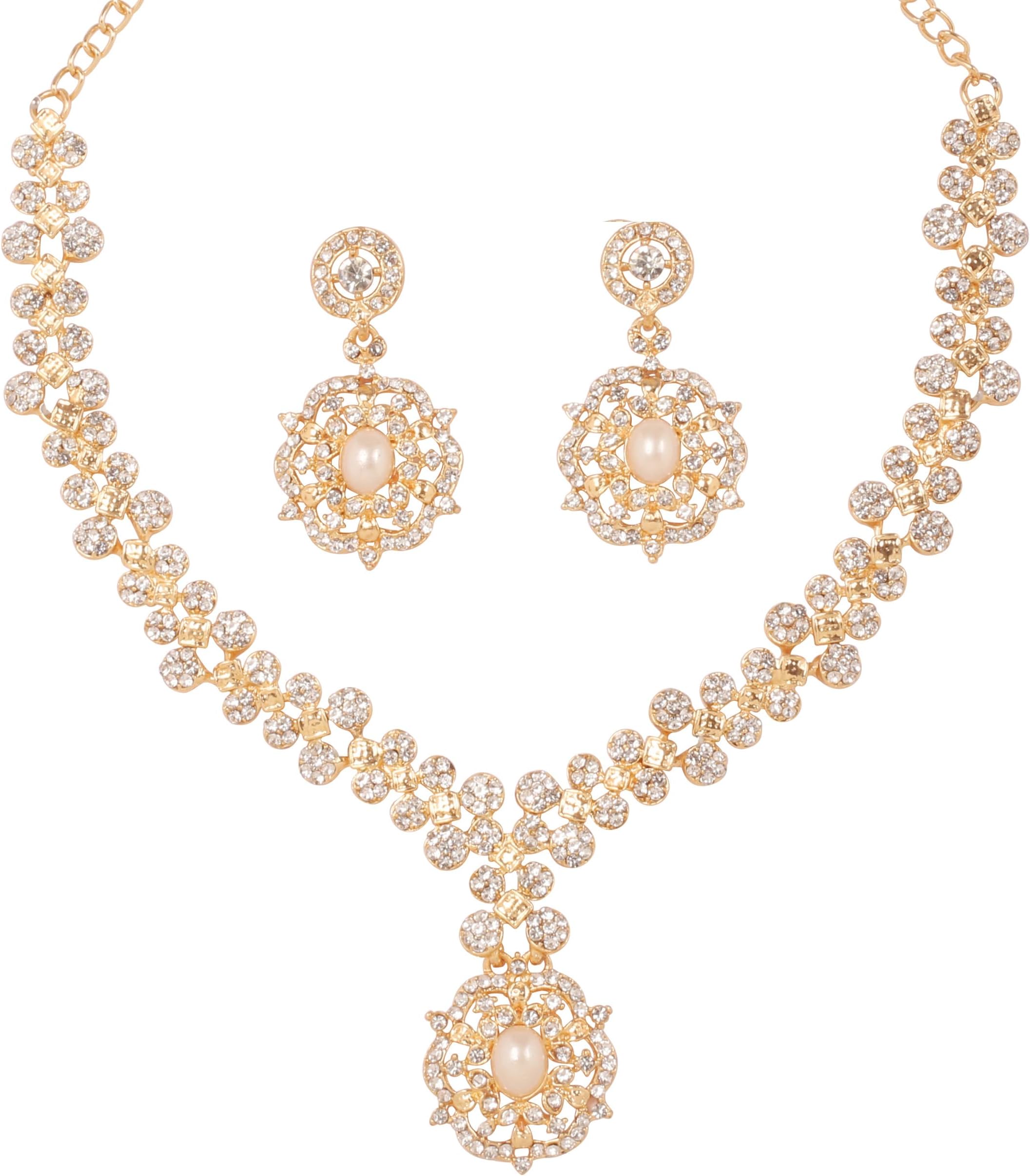 Sunsoulby Touchstone Indian Bollywood Choice Pretty Handcrafted Floral White Rhinestone Faux Pearls Stylish Designer Jewelry Necklace Set in Gold Tone for Women.