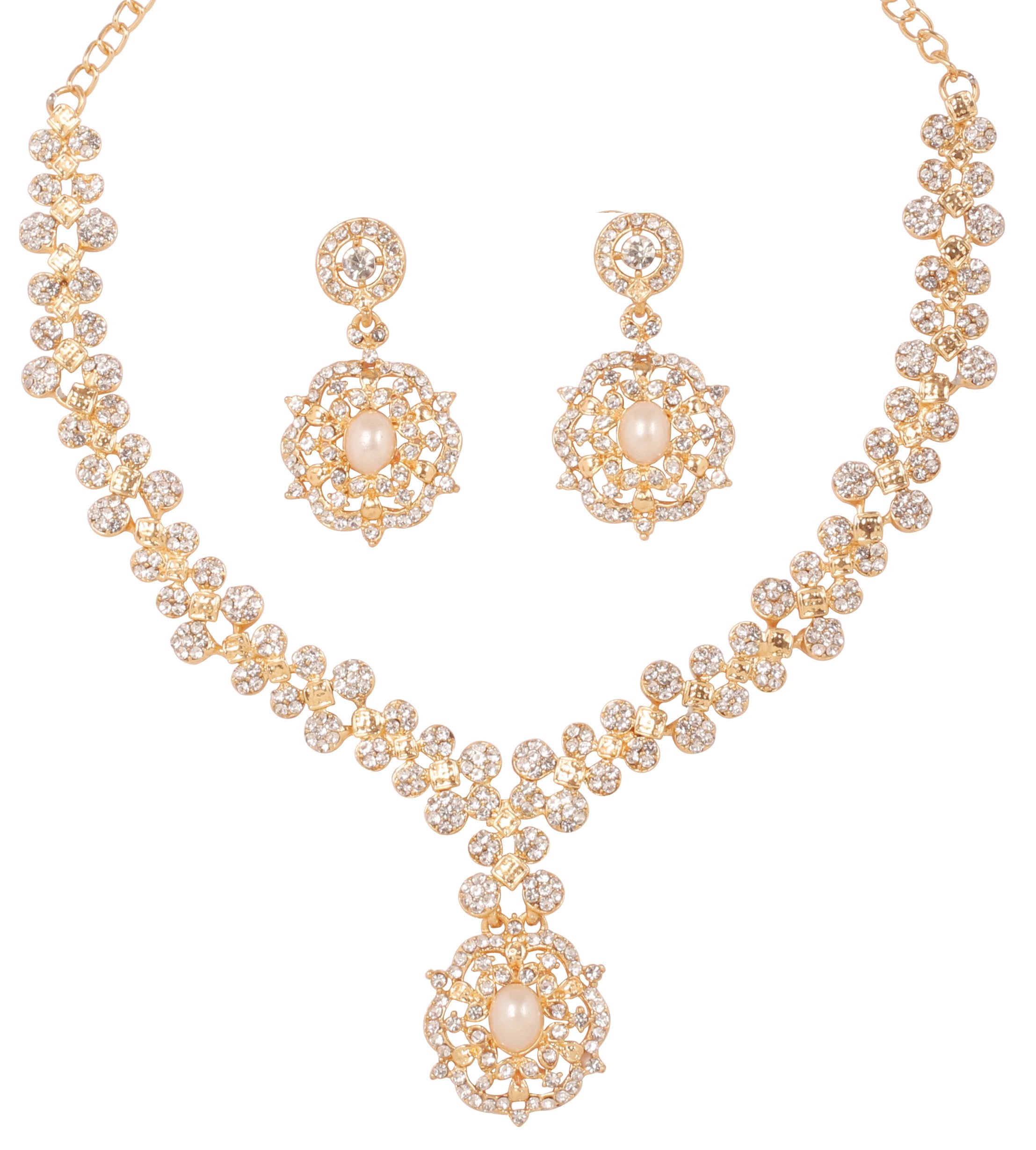 Sunsoulby Touchstone Indian Bollywood Choice Pretty Handcrafted Floral White Rhinestone Faux Pearls Stylish Designer Jewelry Necklace Set in Gold Tone for Women.