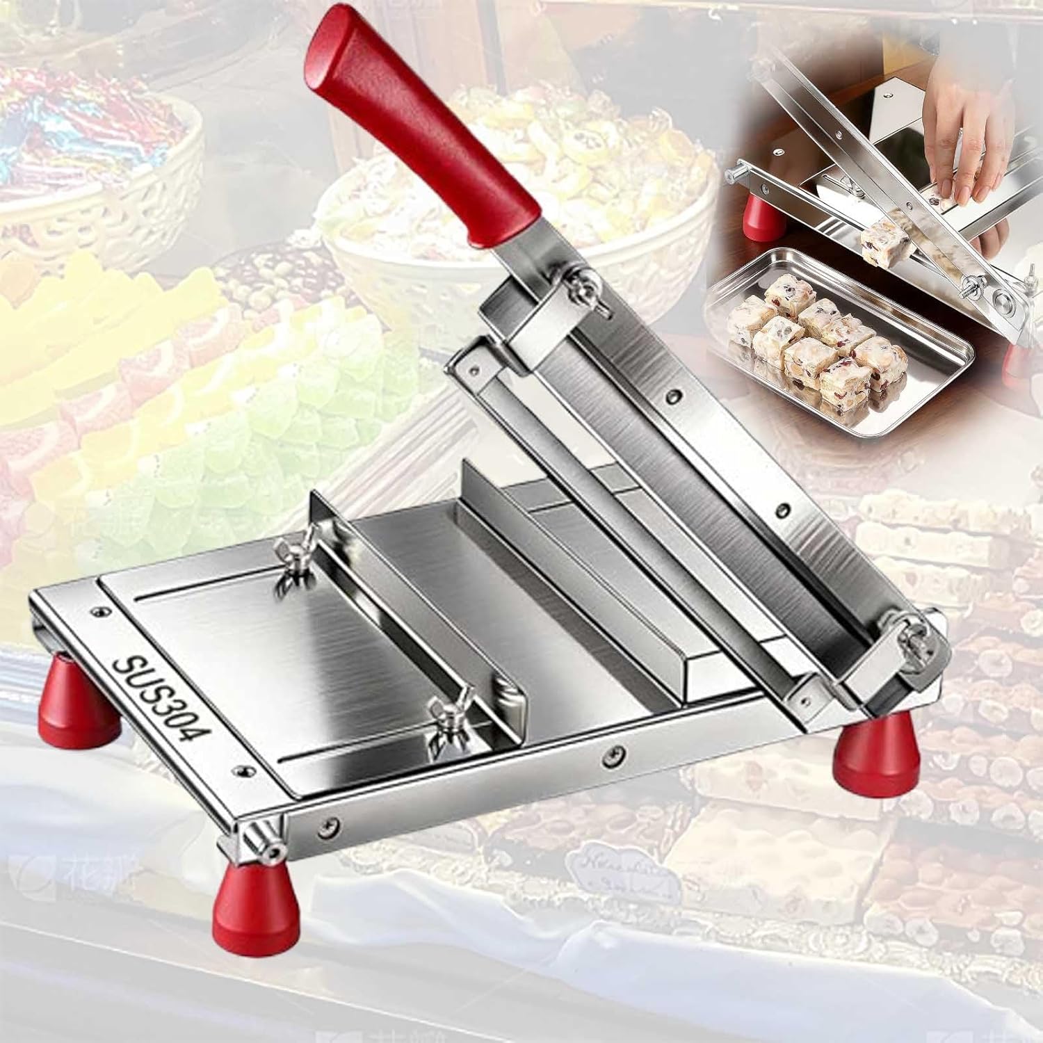 Manual Candy Slicer, With Plate, Food-grade 304 Multi-purpose Sugar Cutter, for Toffee/Nougat/Snowflake Crisp/Turkish Soft Candy/chocolate/Jelly Candy, 30Cr13 Stainless Steel Blades, High Efficiency