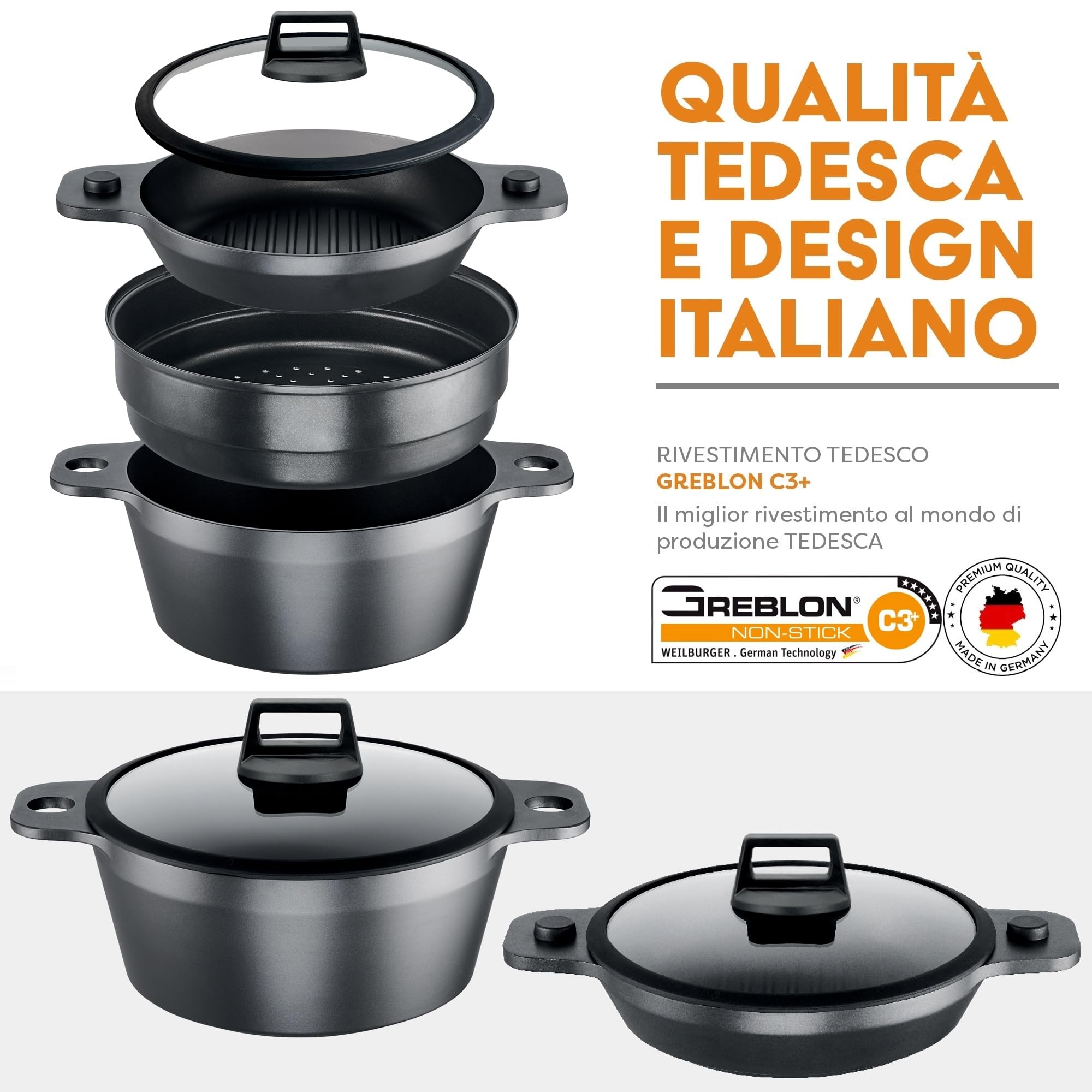 Stone&Stone Set Vaporiera 24 cm – Pentola, Griglia e Piroscafo per Cucina a Vapore, Cuoci Pasta, super Antiaderente tedesco, Induzione, Forno e Gas + Coperchio, 1 Cucchiaio e 2 Presine in Silicone