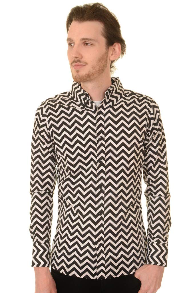 Run & Fly Mens 60's 70's Black & White Psychedelic Zippy Zig Zag Shirt