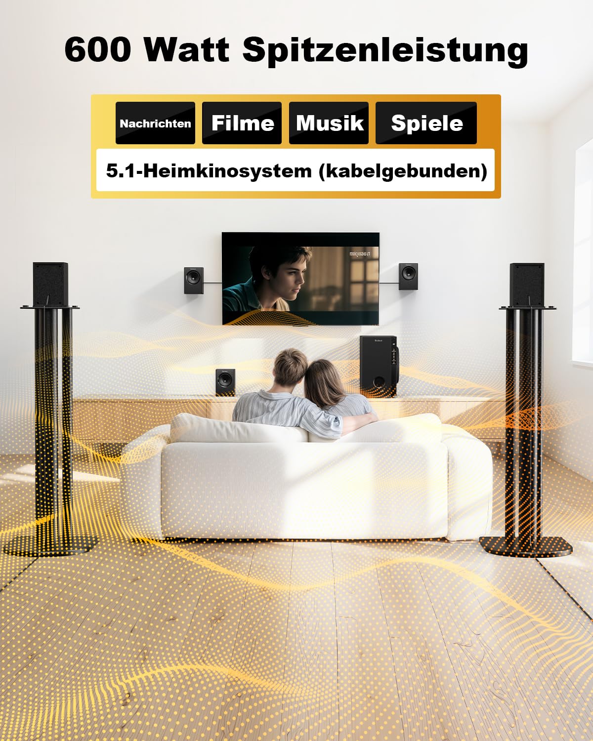 Bobtot 5.1 heimkino Soundsystem mit 600 Watt Spitzenleistung | 5,25 Zoll Subwoofer, 5.1 Surround Sound System heimkino Lautsprecher mit FM-Radio, Bluetooth, AUX, DVD