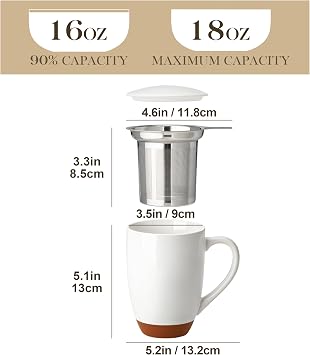 MALACASA Ceramic Tea Mug with Lid and Stainless Steel Infuser, 18 oz Large Tea Cup for Loose Leaf Tea, Heat-Resistant, Microwave & Dishwasher Safe, Speckled Glaze Coffee & Tea Brewer Mug, Khaki White