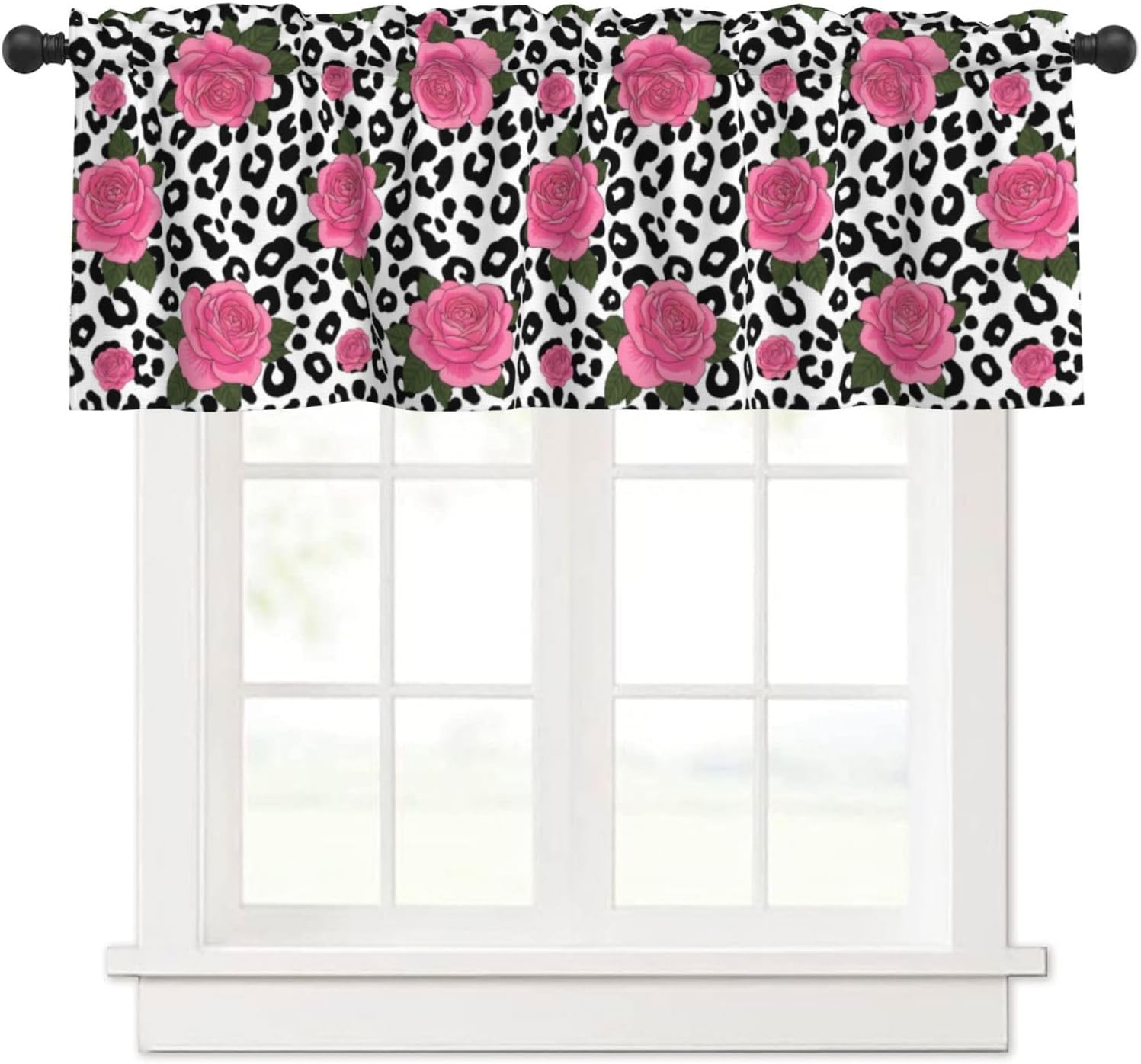 Valance for Windows Pink Roses Black Leopard Print Decorative Rod Pocket Kitchen Curtain Valances Short Window Valance Curtains for Living Room Bedroom Bathroom 1 Panel 54x18Inch