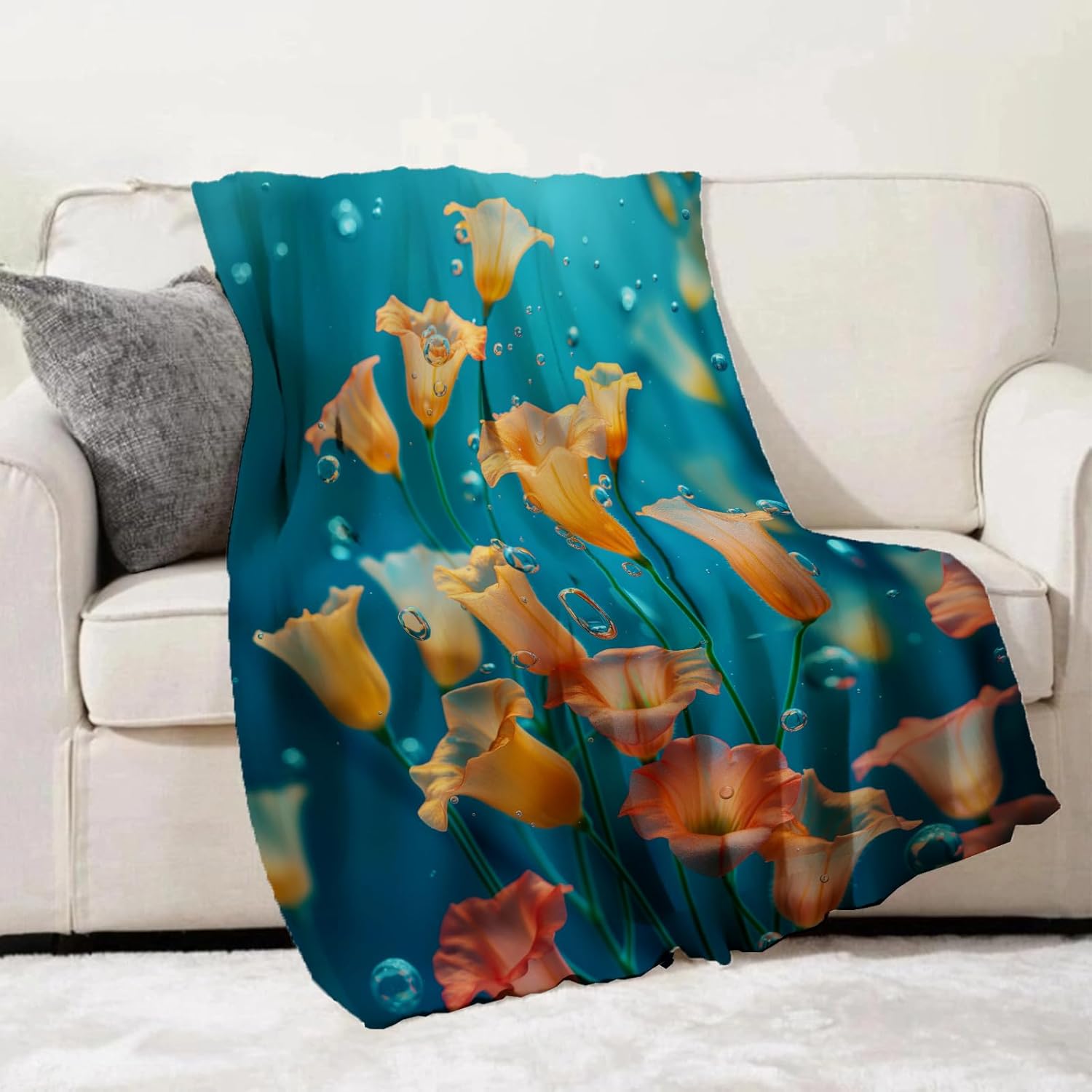 Underwater Calla Lily Blanket Gifts for Women Aqua Florals Flannel Throw Blankets for Bedding Couch Soft Lightweight Warm Cozy Throws Travel Decor 50x60in - Image 2