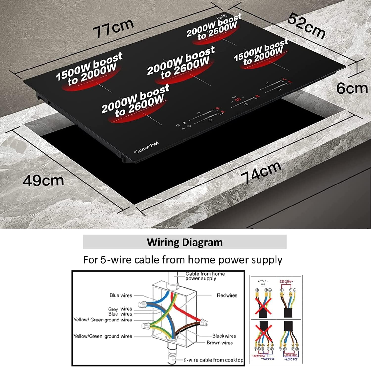 Diagram showing AMZCHEF Induction Cooktop dimensions: 77cm depth, 52cm width, 6cm height, and a required cut-out of 74cm width and 49cm depth.