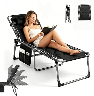 Sonnenliege Klappbar mit 5-fach Verstellbarer Rückenlehne, Gartenliege klappbar mit Ergonomischer Kopfstütze & Seitentasche, Sonnenliege Wetterfest 190x58x36cm für Garten & Camping, 150kg (Schwarz)